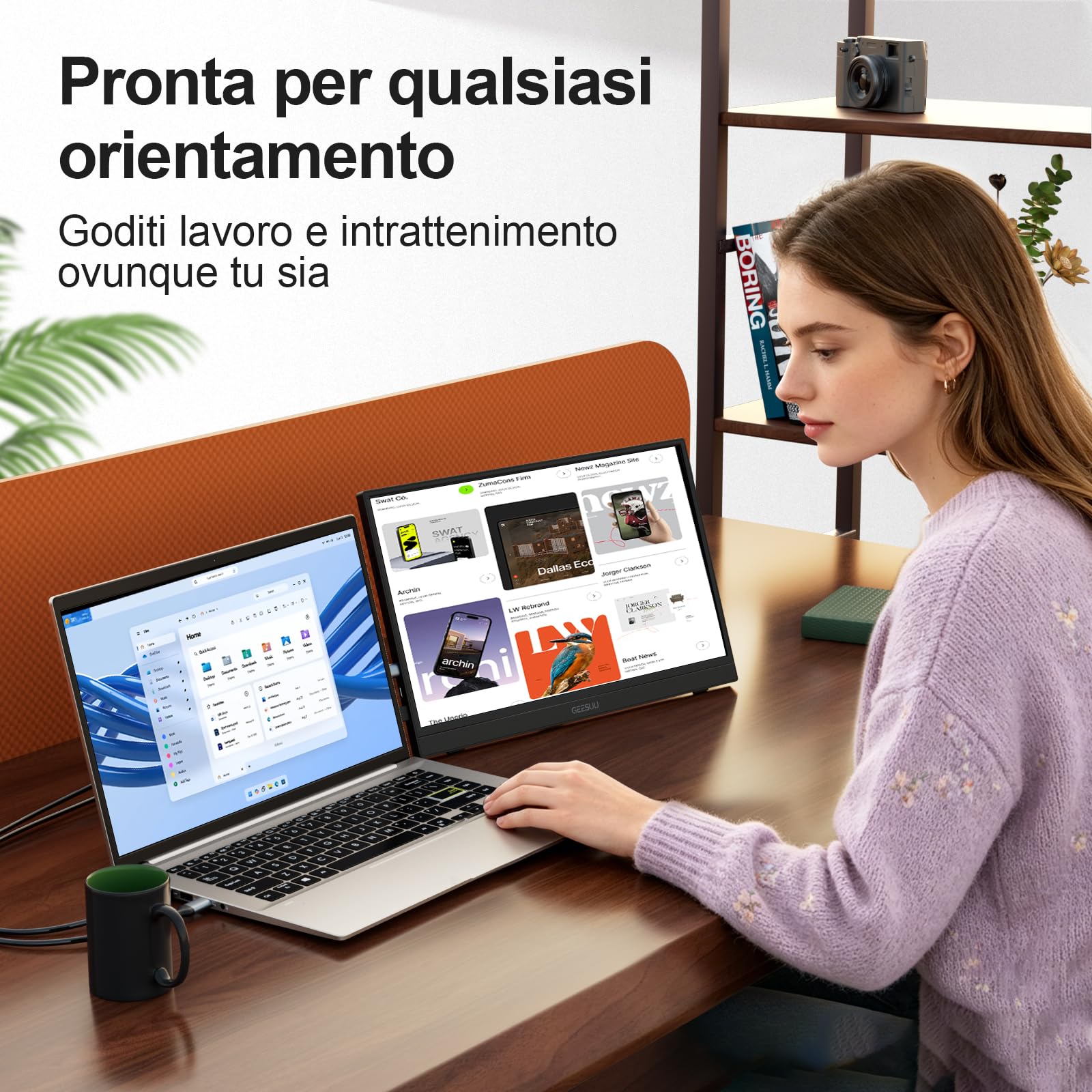 Monitor Portatile 15,6 Pollici FHD 1080p IPS, 60Hz, Monitor con Altoparlanti Integrati, Estensore Schermo con Supporto Girevole 90°, HDMI/USB-C per Laptop, PC, Mac, Xbox