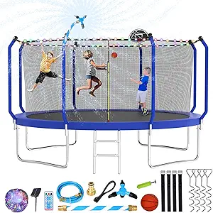 Upgraded Trampoline 8FT/10FT/12FT/14FT With Basketball Hoop, Light, Sprinkler, Stakes - Outdoor Backyard for 4-6 Kids and Adults