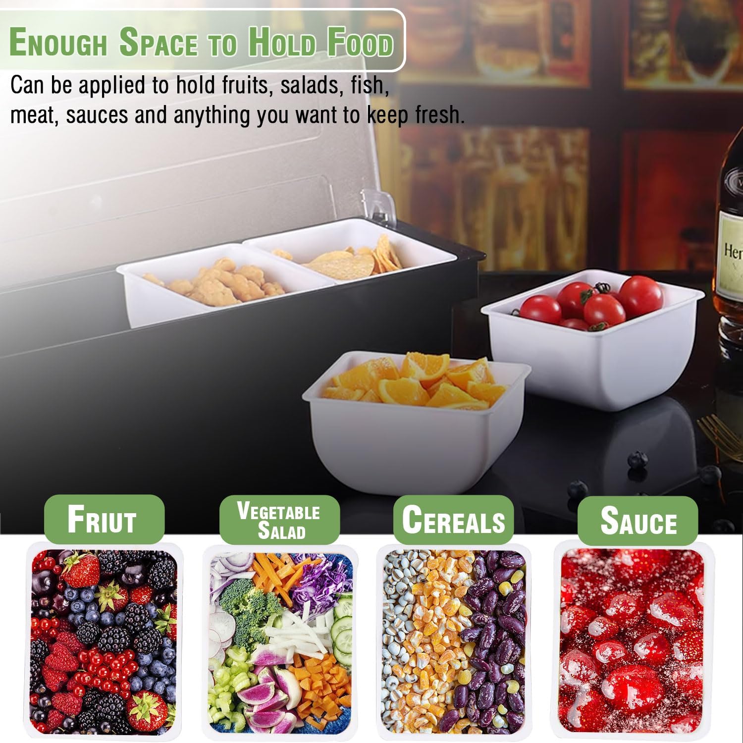 V·RESOURCING Ice Chilled Condiment Caddy,4 Containers(27oz) with Ice Chamber,Ice Cooled Condiment Serving Container with Lid for Salar Bar,Fruit,Veggie,Candy,Snack,Sauce - Image 6