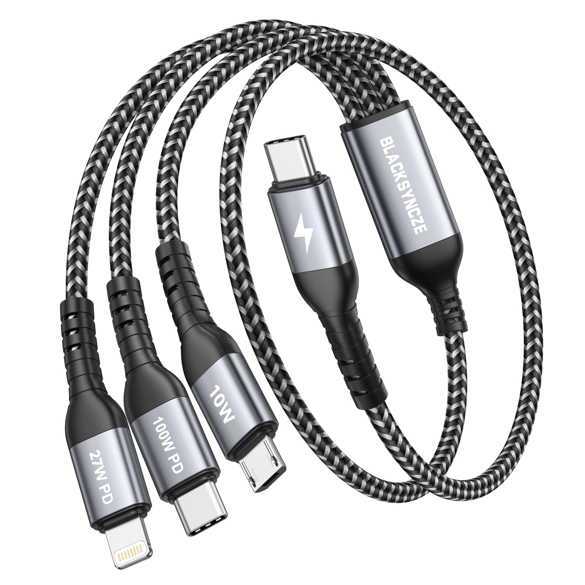 BLACKSYNCZE 100W Multi Cavo di Ricarica [50CM] Cavo Ricarica Multiplo, USB C a USB C PD[100W]+USBC a Lightning[27W]+USBC a Micro[10W] per iPhone 16/15/14, Galaxy S24/S23, Pad Pro, MacBook, Pixel