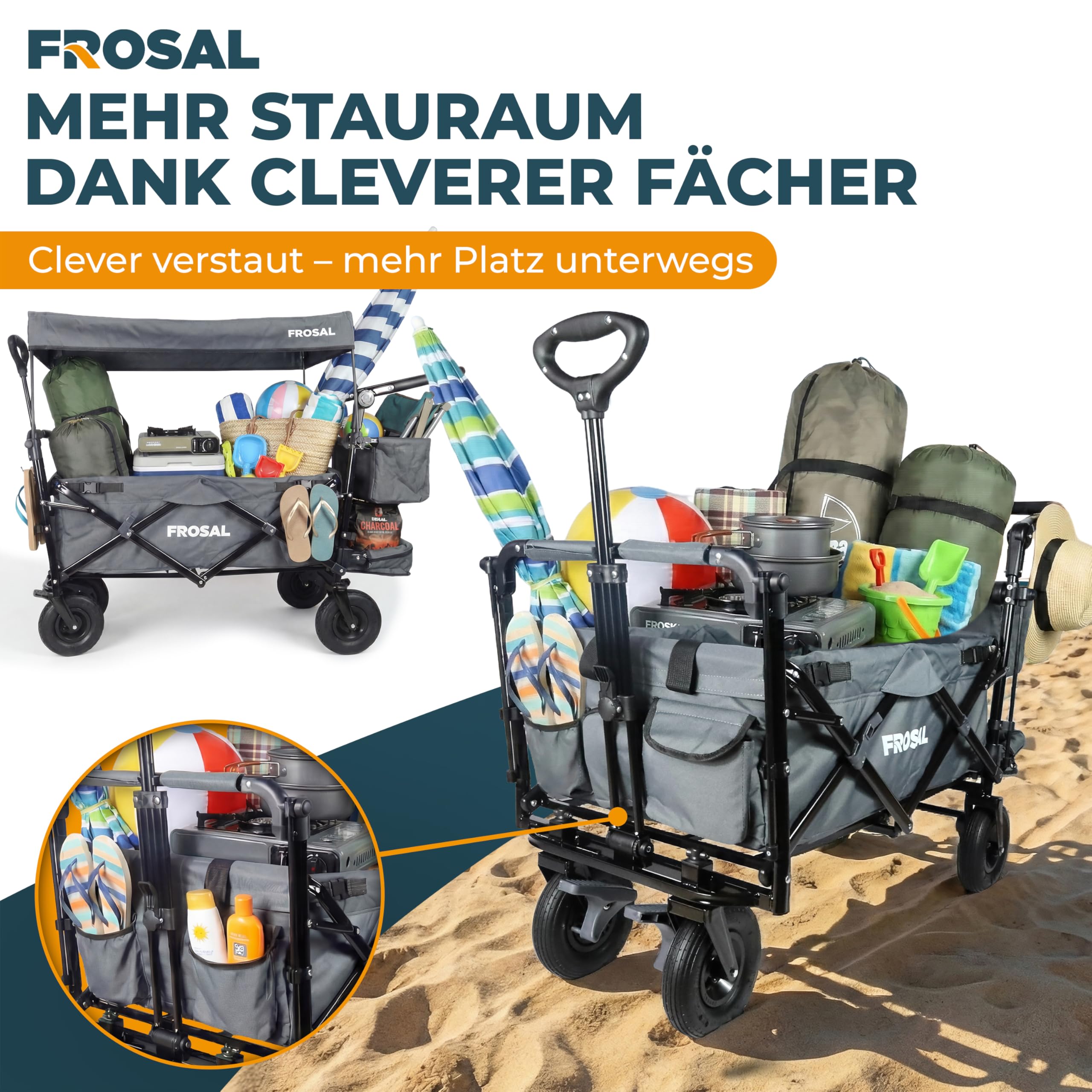 FROSAL Bollerwagen Leo faltbar mit Luftreifen & Dach – Handwagen klappbar für Strand, Camping & Garten – 80kg belastbar – mit Bremse, Schiebegriff & Zugstange – Transportwagen Kinder grau