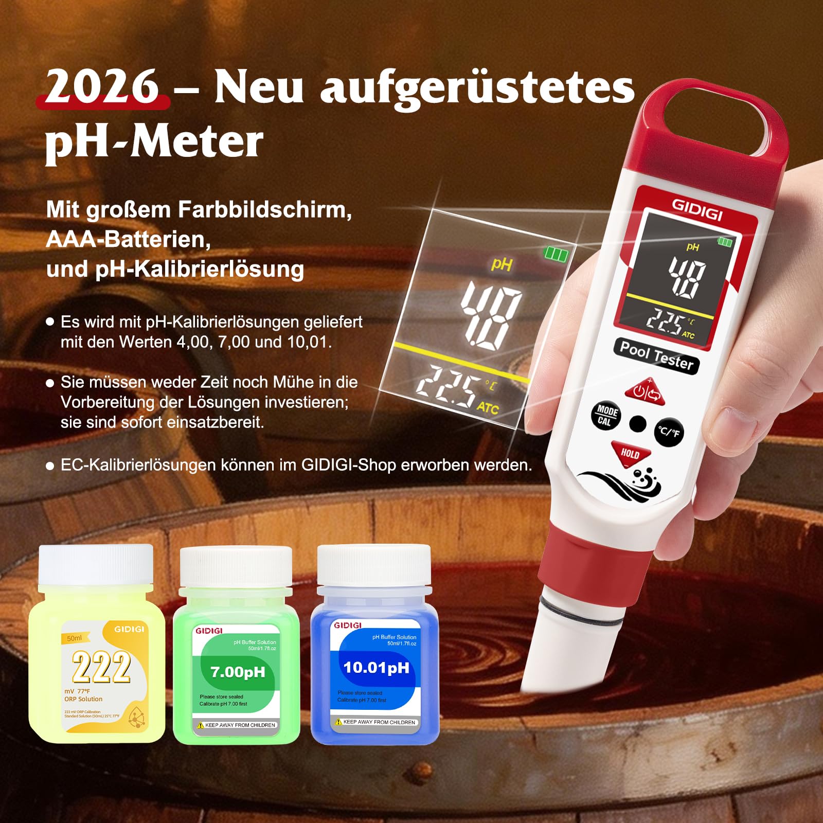 7-in-1 Poolwasser Tester für freies Chlor (FAC), pH Wert, Redoxpotenzial (ORP), Salzgehalt, EC, Gesamtfeststoffgehalt (TDS) Digitaler Chlortester für Salzwasserpools, Whirlpools, Hydrokulturen