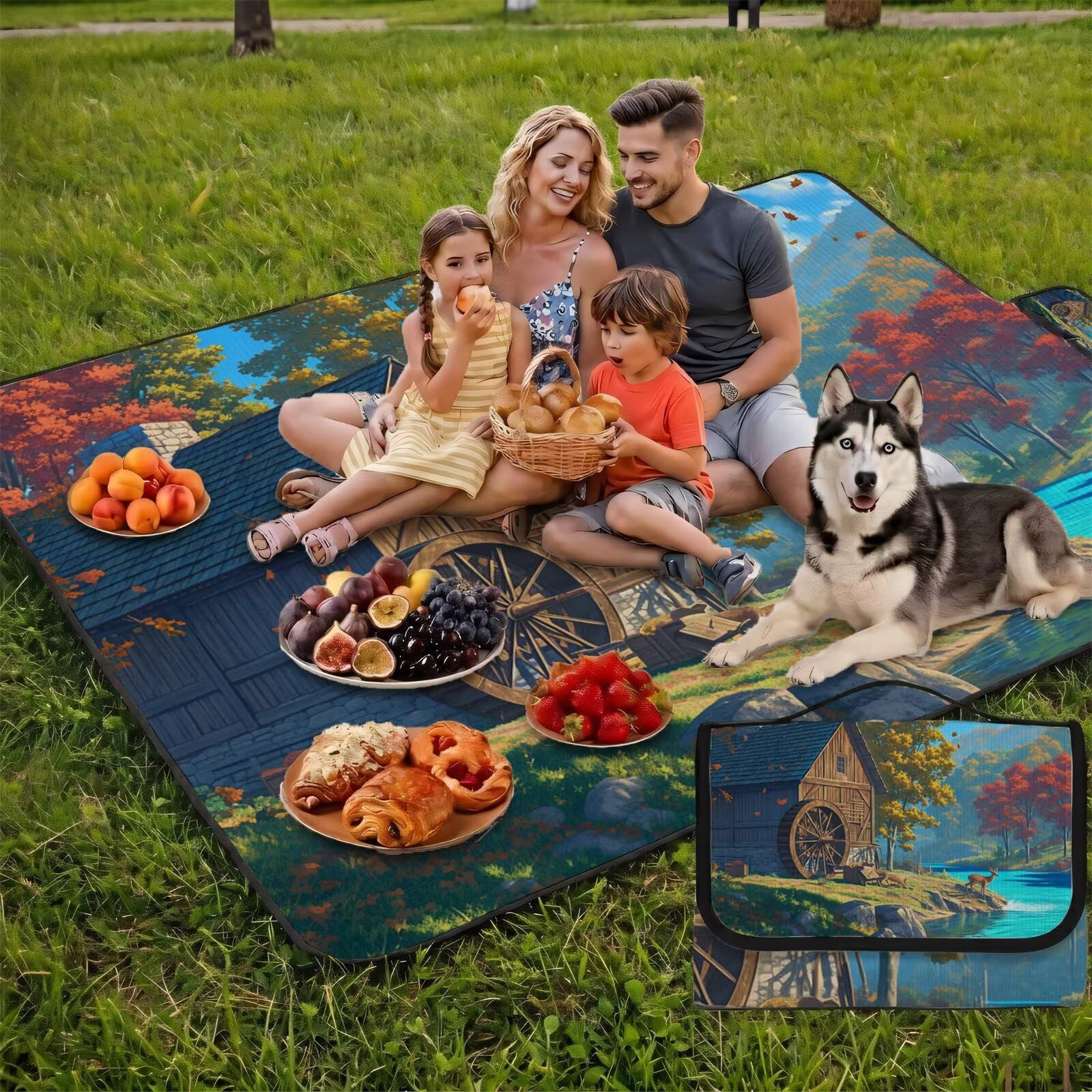 Couverture Pique Nique Grande 200x300cm,Outdoor Couverture Imperméable,Pliable Tapis de Plage Dos en PVC,Picnic Blanket pour Camping Accessoires,Jardin,Parc,Famille - Automne,Architecture (1) UZ-473