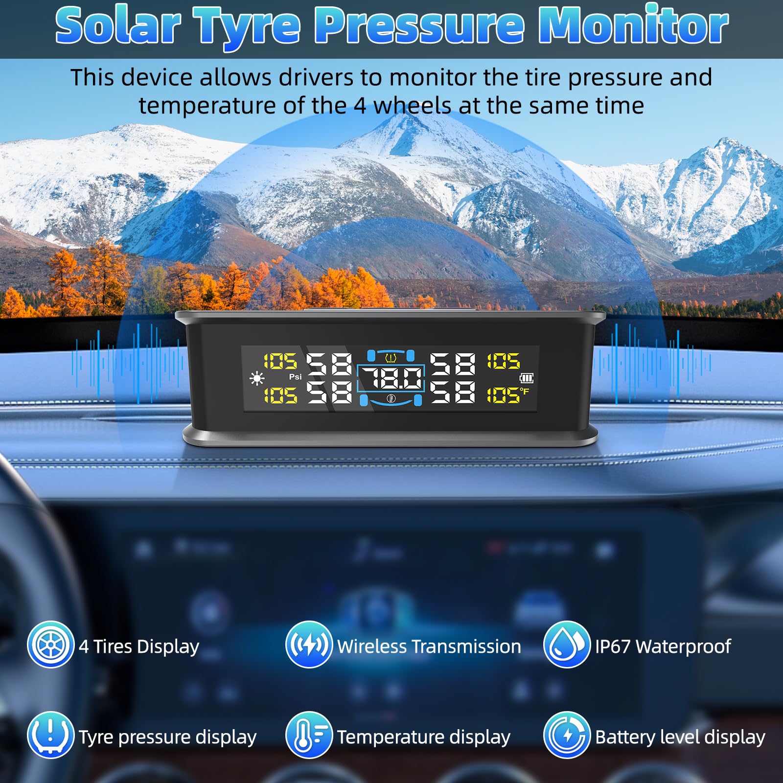 TPMS Sistema di Sensori di Monitoraggio della Pressione Pneumatici con Allarme Temperatura/Pressione per 4 Turni Camper SUV Auto, 5 Bar