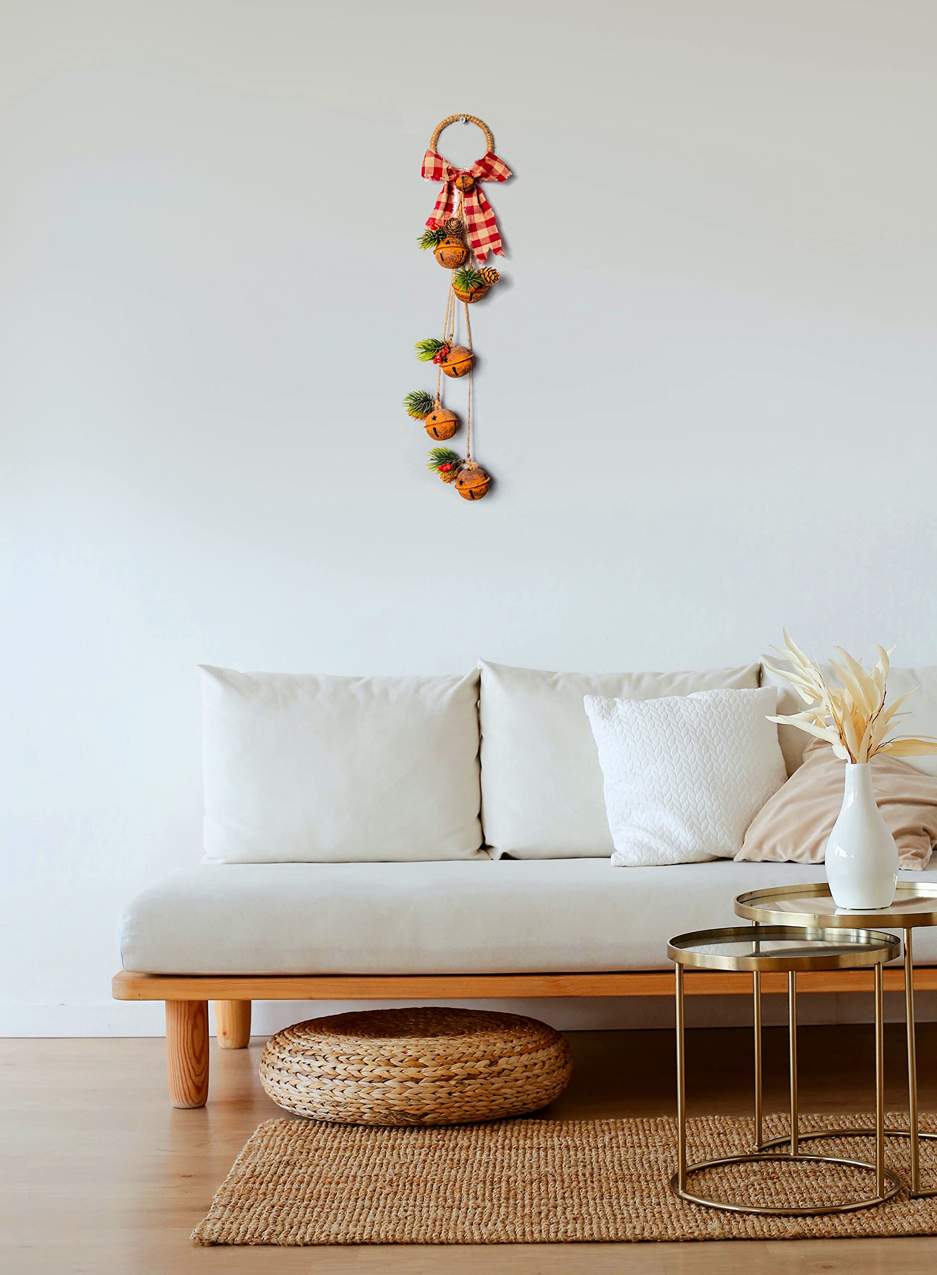 46cm Hanging Decorations Rustic Bells with Ribbon, Berries and Pinecones Christmas Home Wall Door Jingle Xmas Holiday DIY Decorations - Image 4