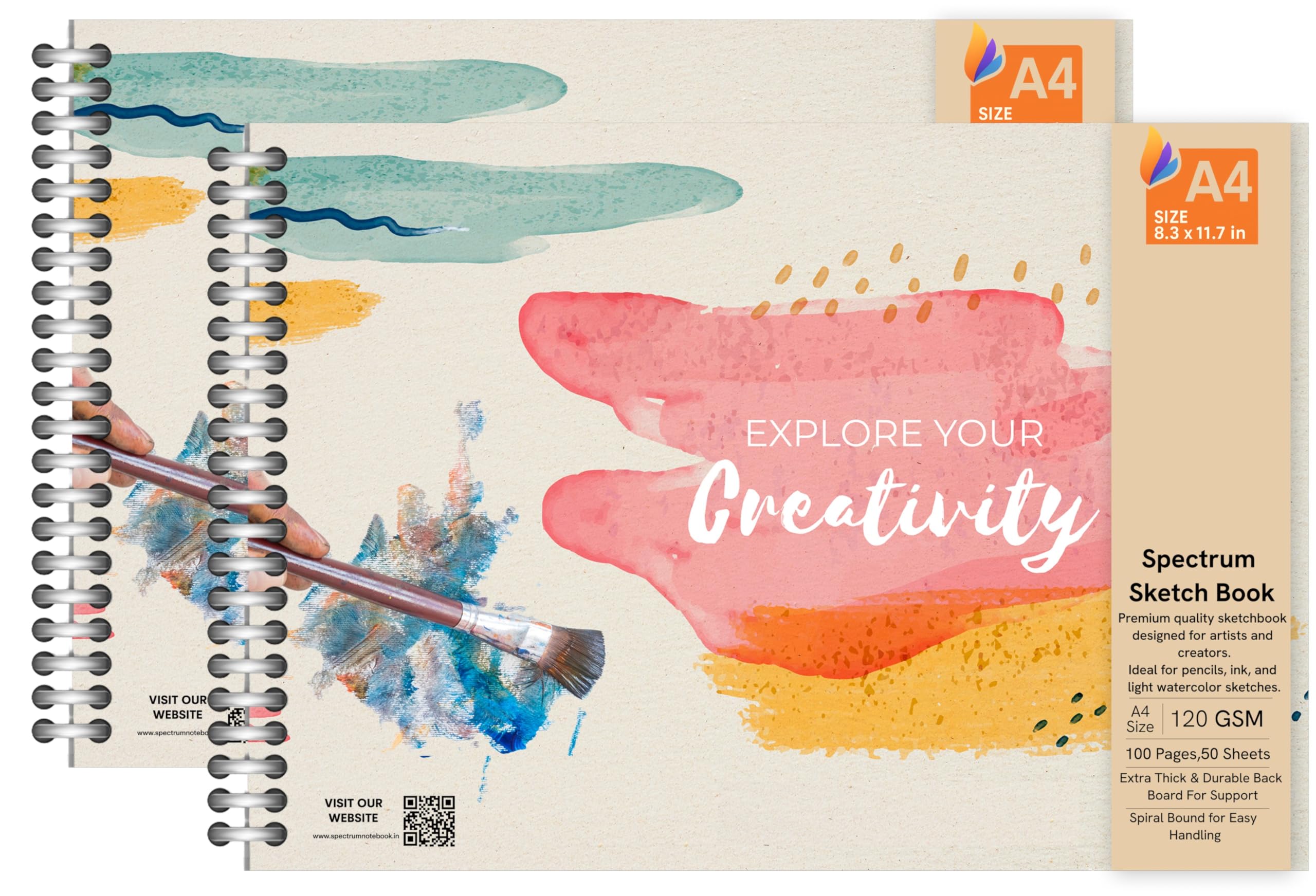 Spectrum Notebook Sketch Book (Pack of 2), A4 Size, 120 GSM Premium Art Paper, Spiral Bound, 100 Pages, Watercolour Painting, Multi-Color (2)-image-38