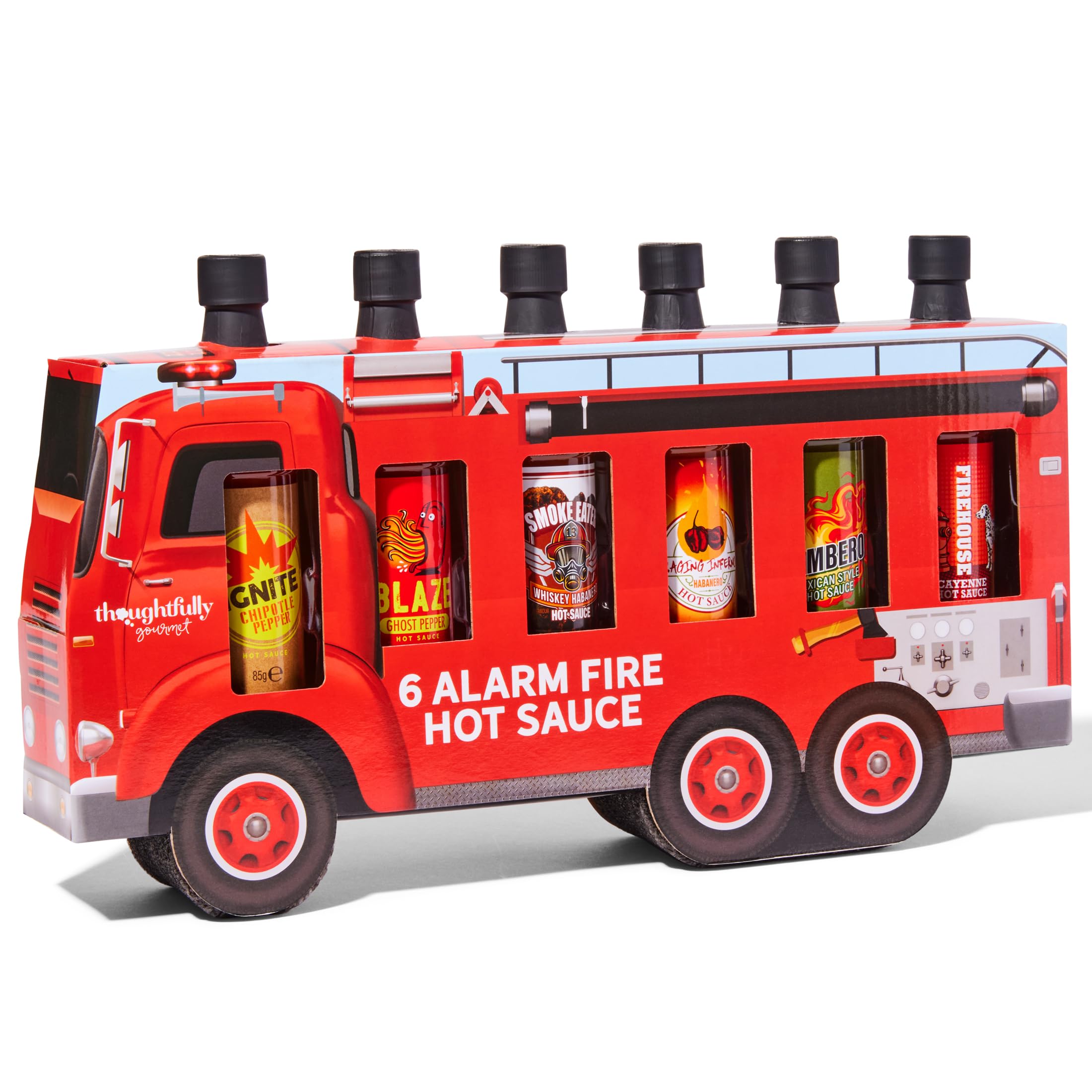 Thoughtfully Gourmet – Set de 6 Salsas Picantes – Regalo para Hombre – Ghost Pepper, Cayena, Chipotle – Pack Salsas Picantes en Camión de Bomberos – Regalo Barbacoa – 6 x 85 g