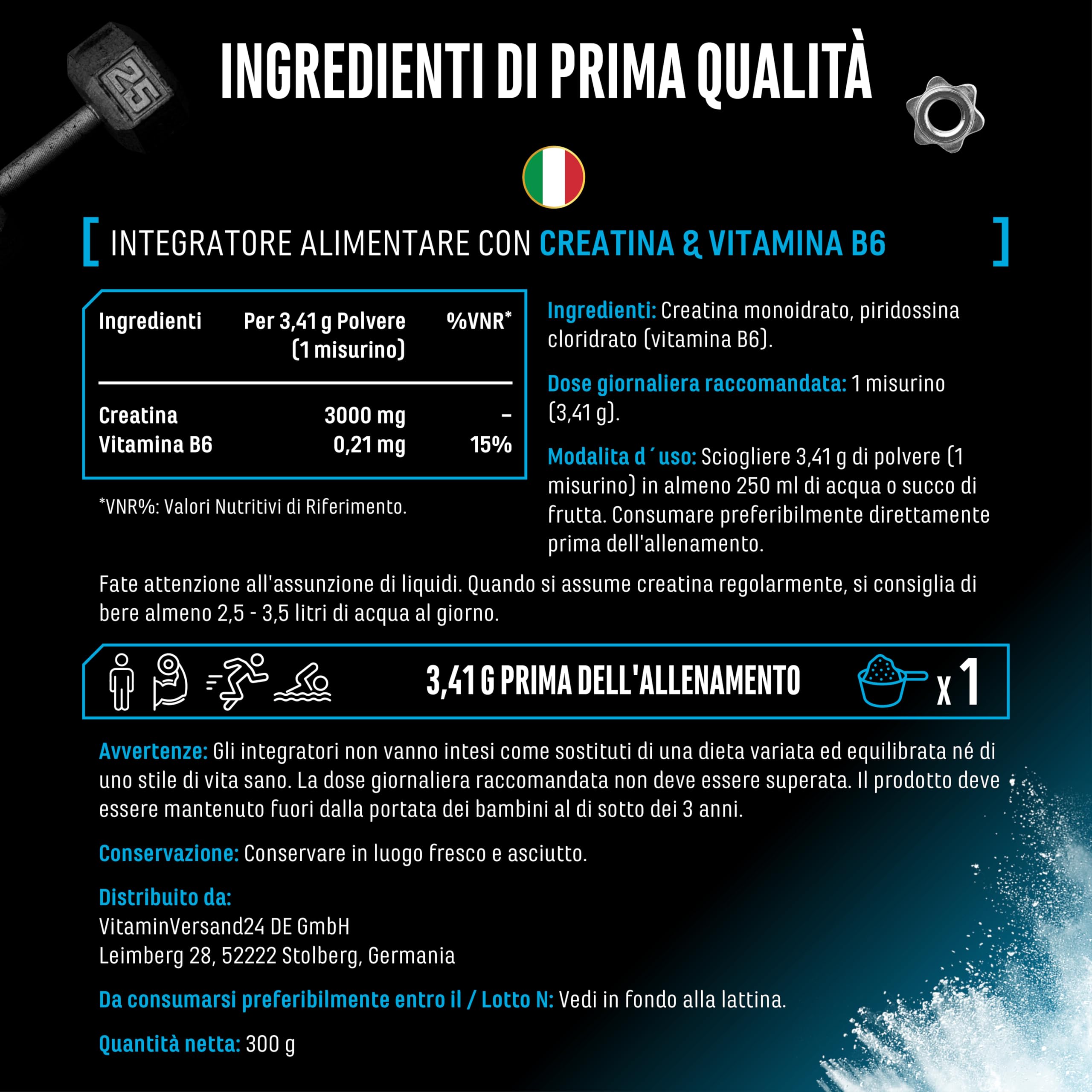 Creatina in polvere - 300 g - Creatina monoidrato in polvere - Solubilità ottimale e microfine - Vegan - 88 applicazioni