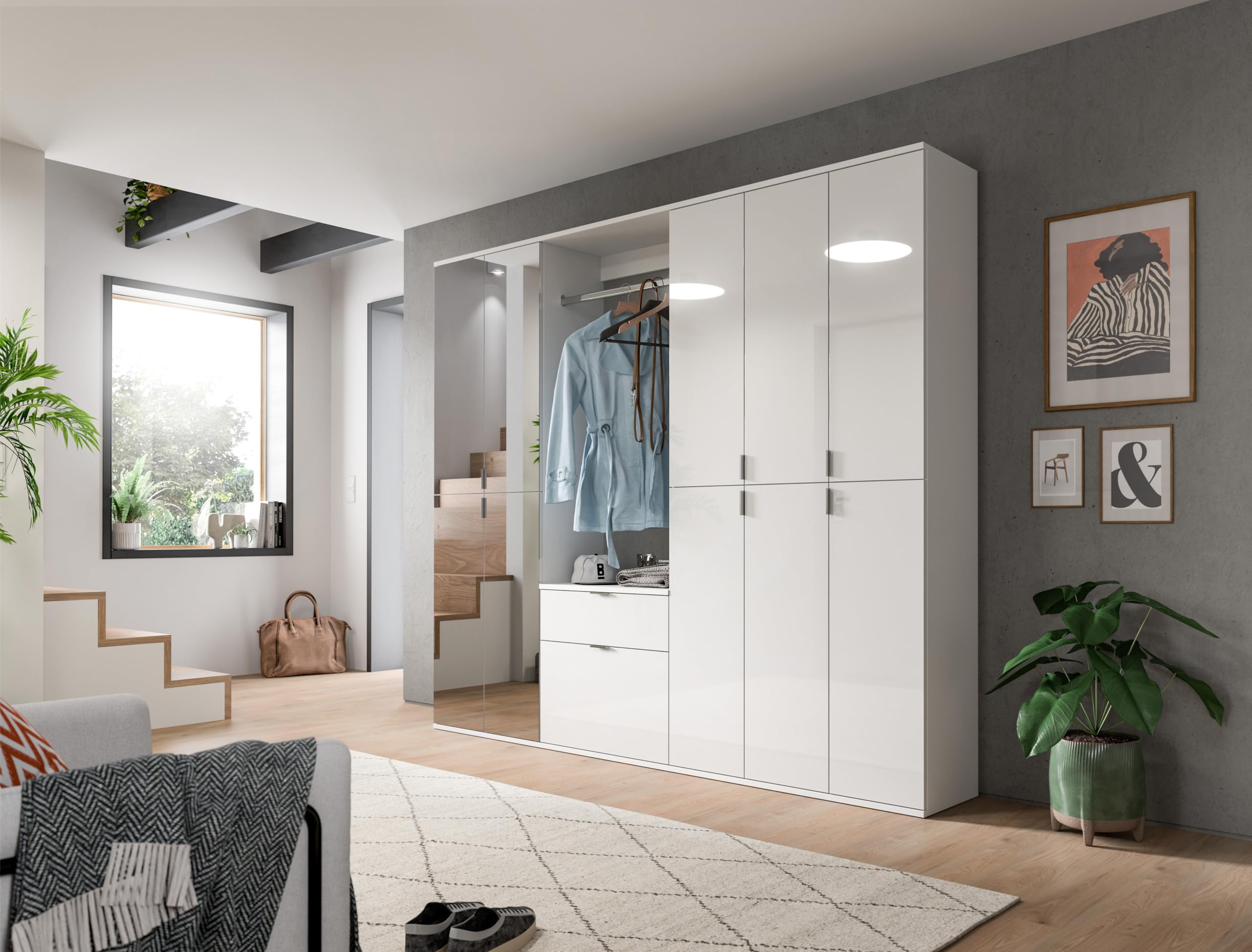 xonox.home - Hochschrank Projekt X 30x193x34 cm in weiß und weiß Hochglanz - Flurschrank Möbelstück Garderobenschrank - modern platzsparend und funktional einfache Montage – Bild 6