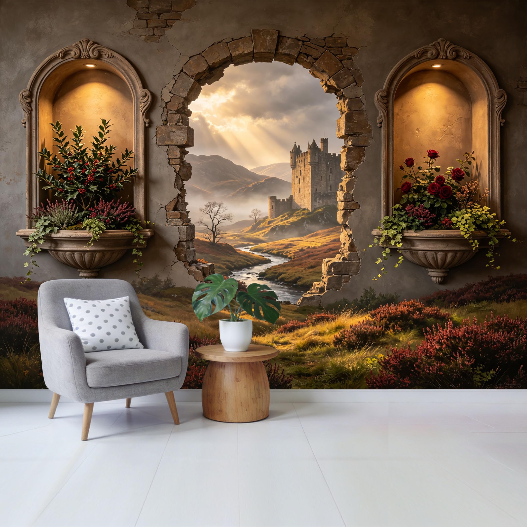 Removable Self Adhesive Fabric Mural， Medieval Castle Landscape Custom Size Wall Covering， UV Protected Waterproof Washable Wall Decor for Living Room Bedroom Bathroom 3D View