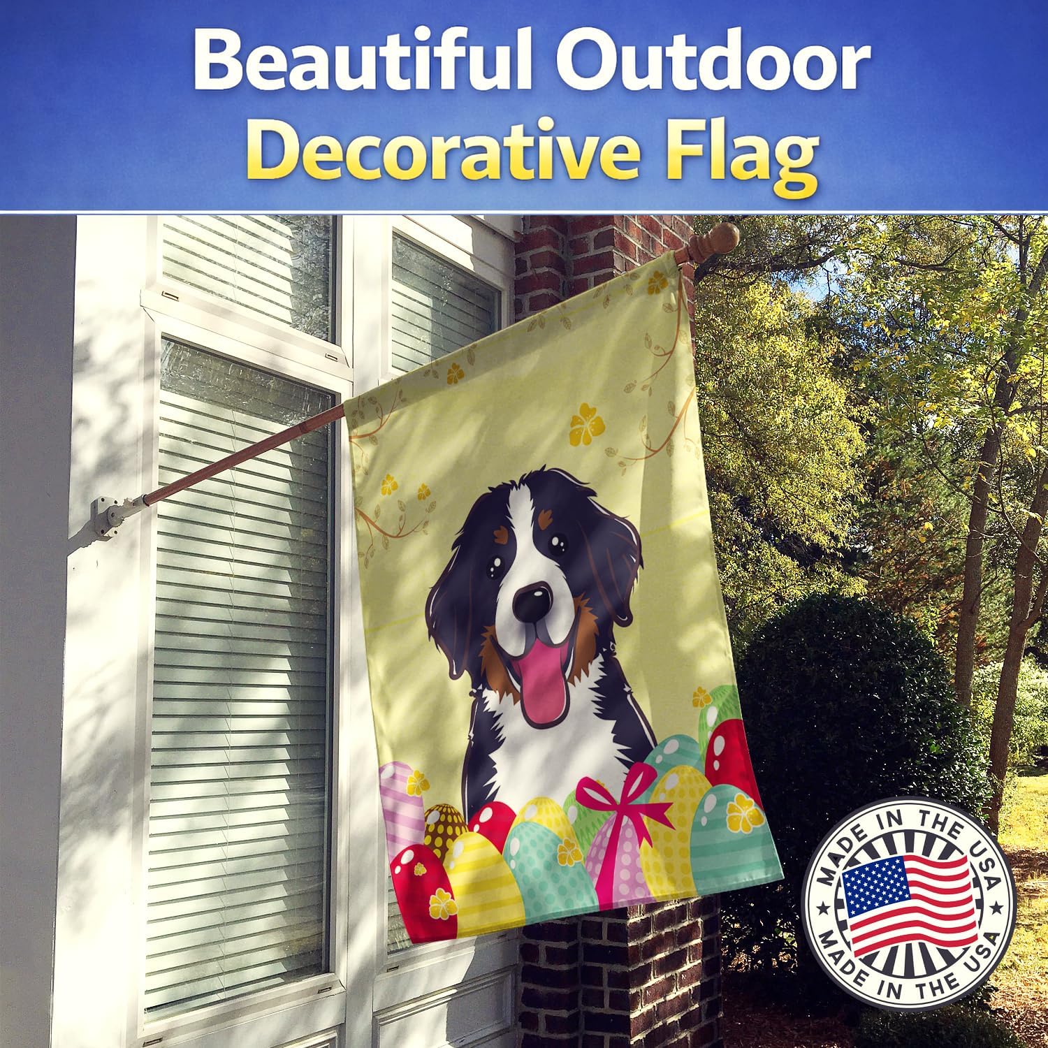 Caroline's Treasures BB1919CHF Bernese Mountain Dog Easter Egg Hunt House Flag Large Porch Sleeve Pole Decorative Outside Yard Banner Artwork Wall Hanging, Polyester, House Size, Multicolor
