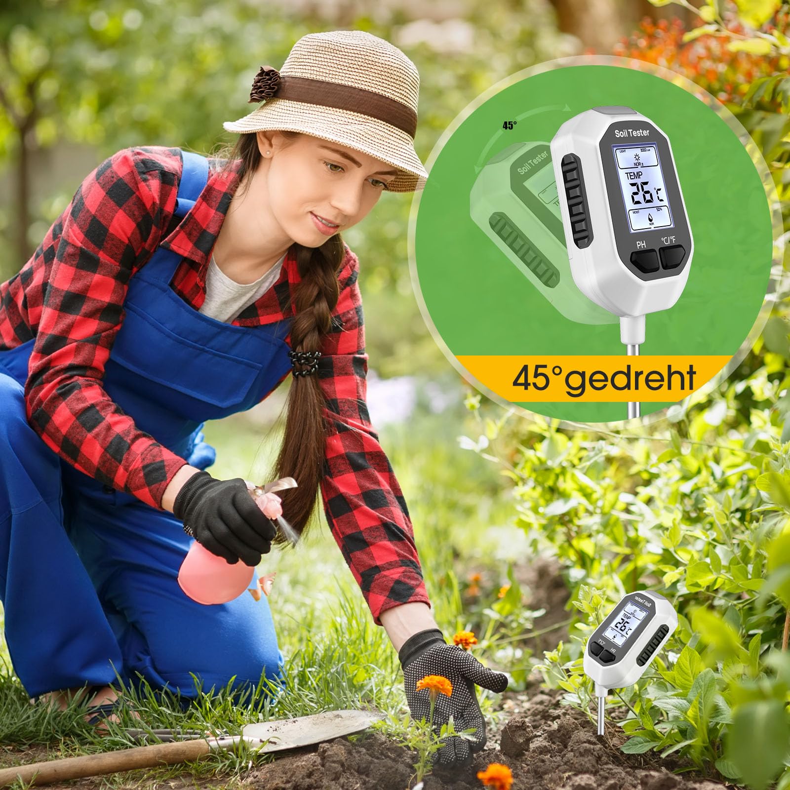 YAMRON ph messgerät Erde, 4-in-1 Digital Plant bodenmessgerät with PH Value/Temperatur/Feuchtigkeit/Licht für Gartenarbeit, Farm, Rasen, Landwirtschaft und Outdoor-Pflanzen