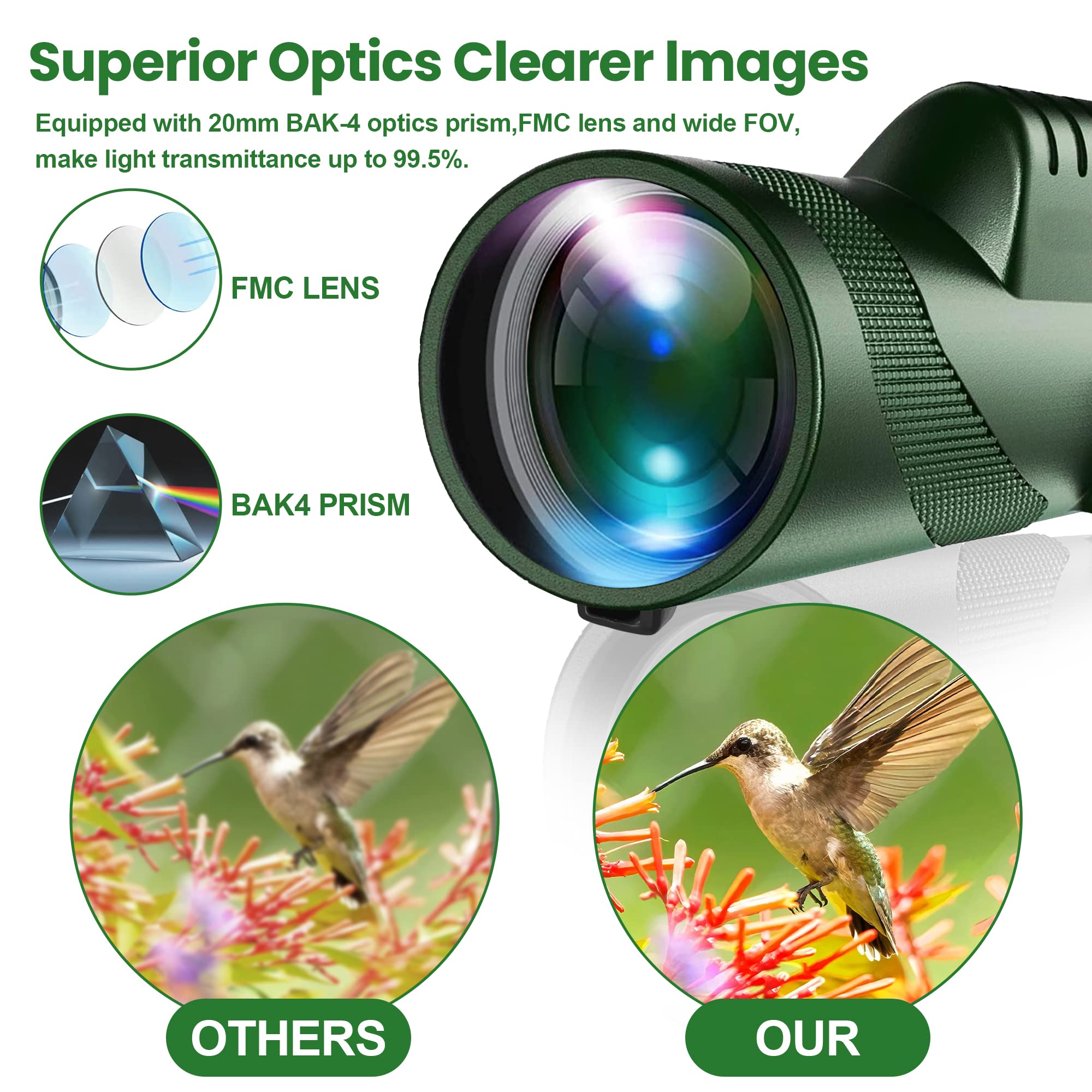 Télescope monoculaire 80 x 100 pour adultes, haute puissance, télescope monoculaire pour smartphone, monoculaire pour adultes, chasse, faune, observation des oiseaux, voyage, randonnée, camping - Vert