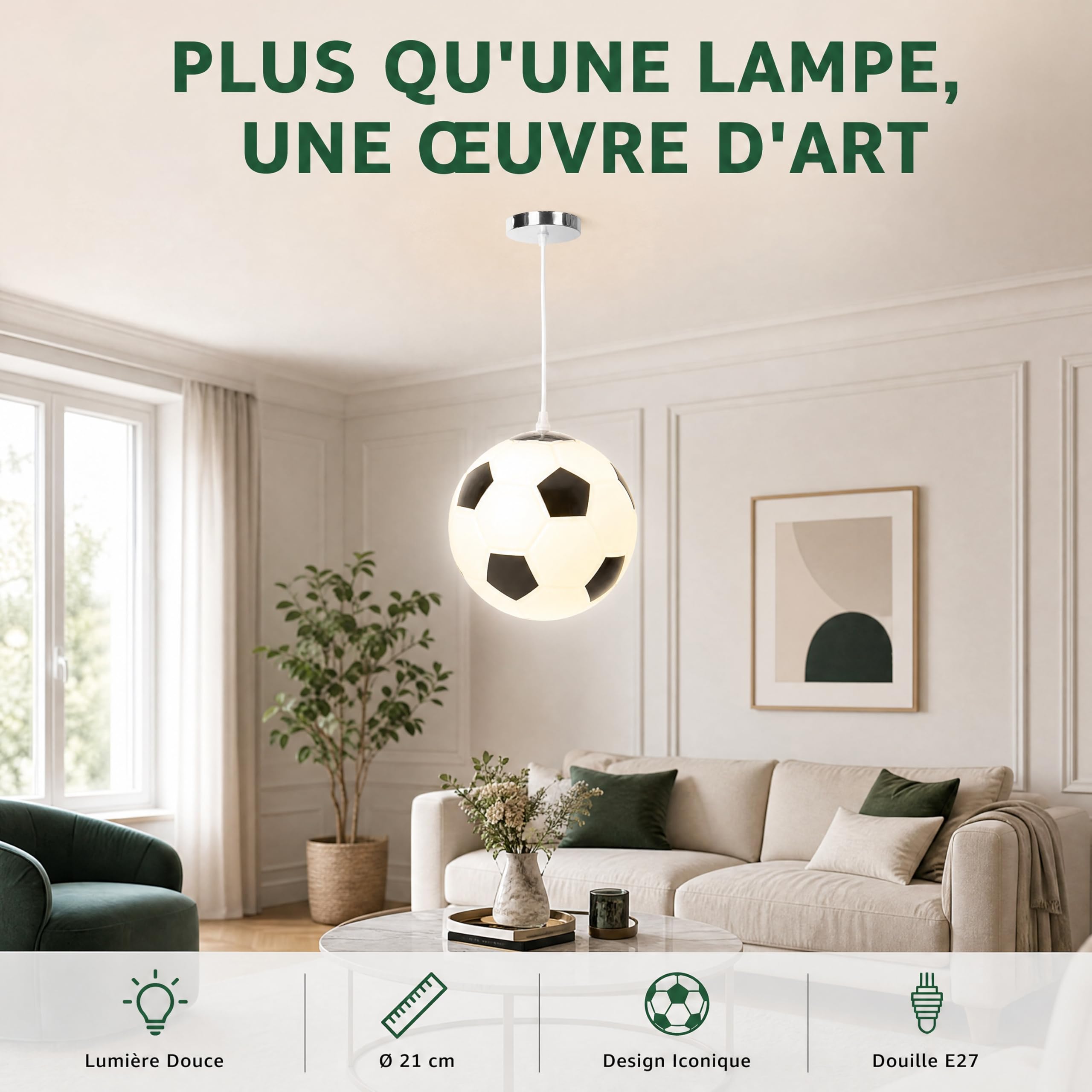 Tofficu Lustre En Verre De Football 8.27In Lampe Suspendue Plafonnier Moderne Pour Chambre Enfant Salon Restaurant Magasin VêTements DéCoration Nordique (Excluant Les ampoules)