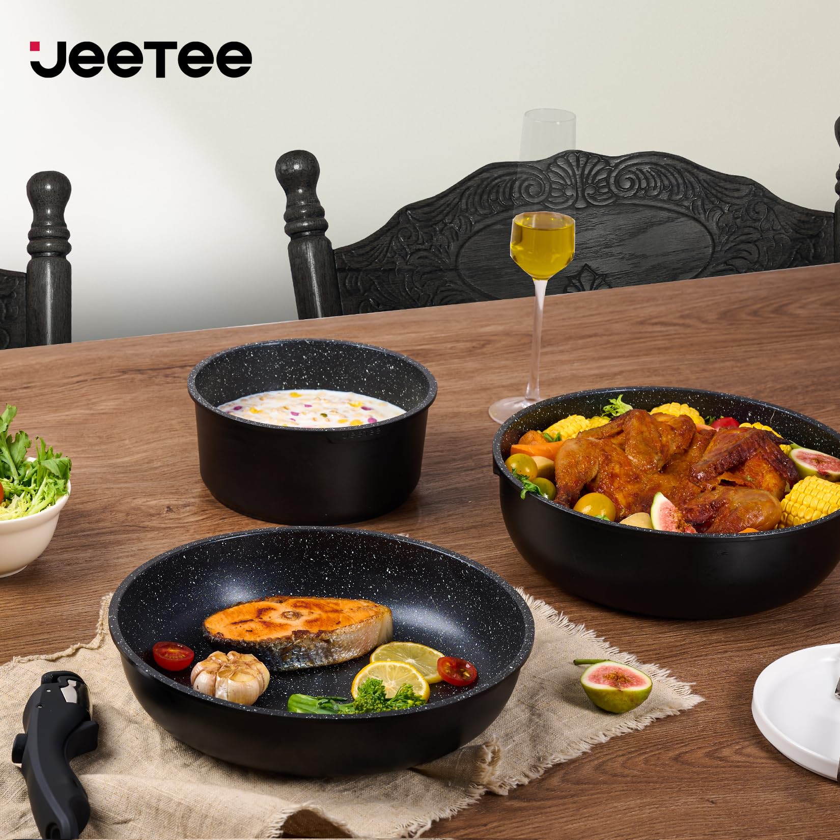JEETEE Set Pentole Induzione 25 pezzi, Set Padelle Antiaderenti con Manici Rimovibili, Padelle 20/26cm, Padella Profonda 26cm, Casseruola 18/20cm, Padella Grill 26cm, Impilabile, Adatto ai Forni
