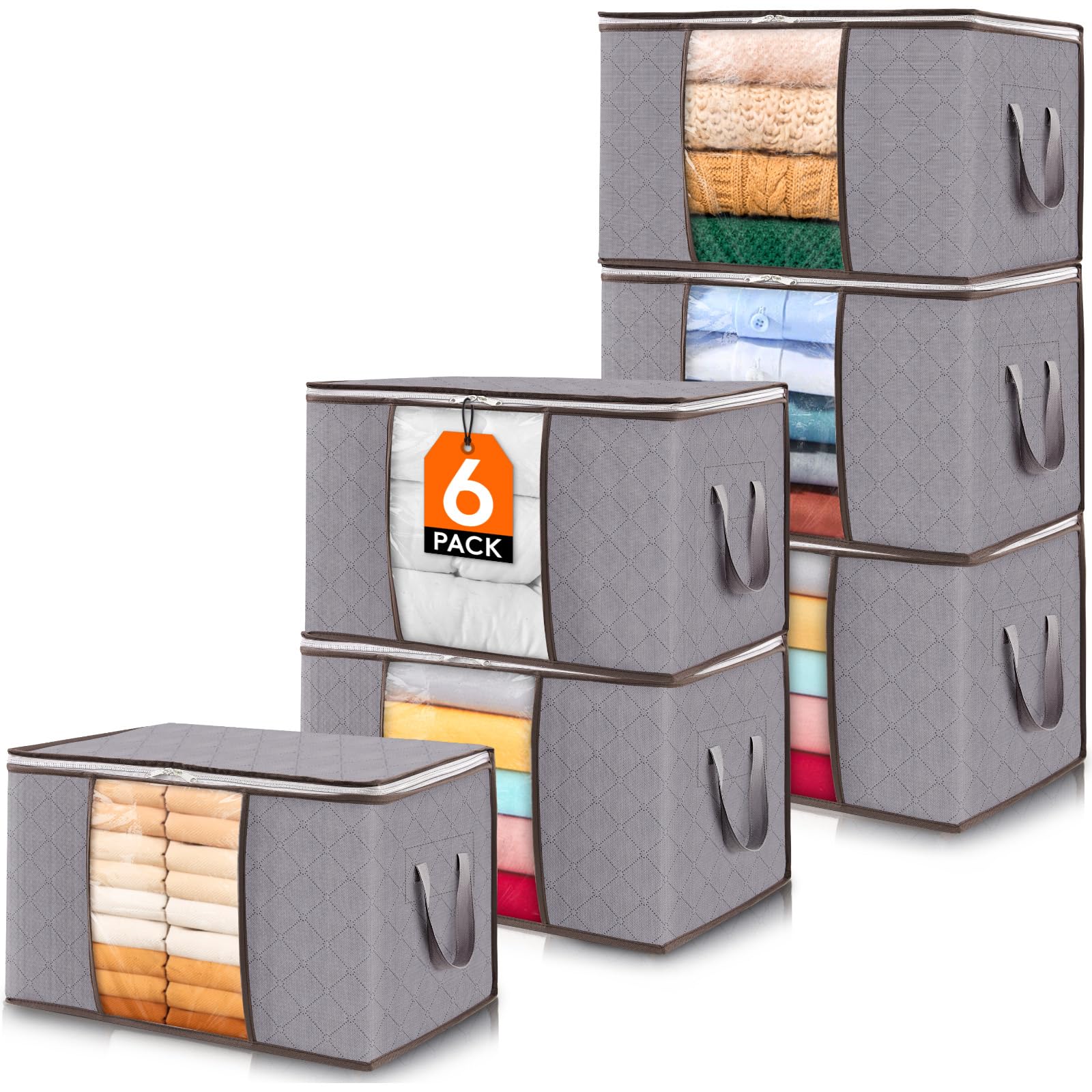 Lifewit 6 Pack Clothes Storage, Foldable Storage and Organization, Storage Bins with Lids, Blanket Storage with Clear Window, Closet Storage with Reinforced Handles for Clothing, Bedding, Light Gray