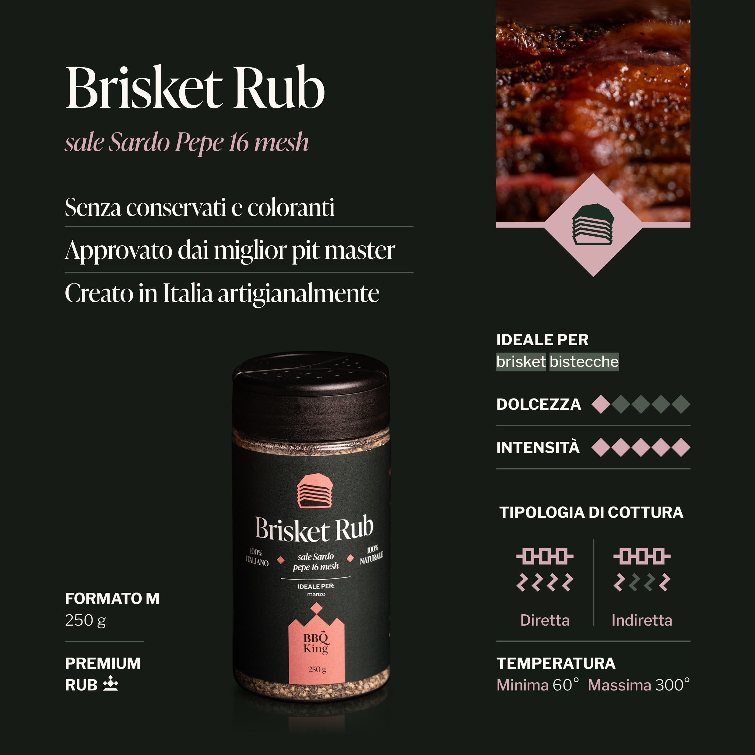 BBQ KING, Brisket Rub Envase de 250 g, adobo seco para barbacoa ideal, para carne de vacuno y barbacoas texanas, set de especias para cocina 100% Made in Italy, mezcla técnica para cocción prolongada