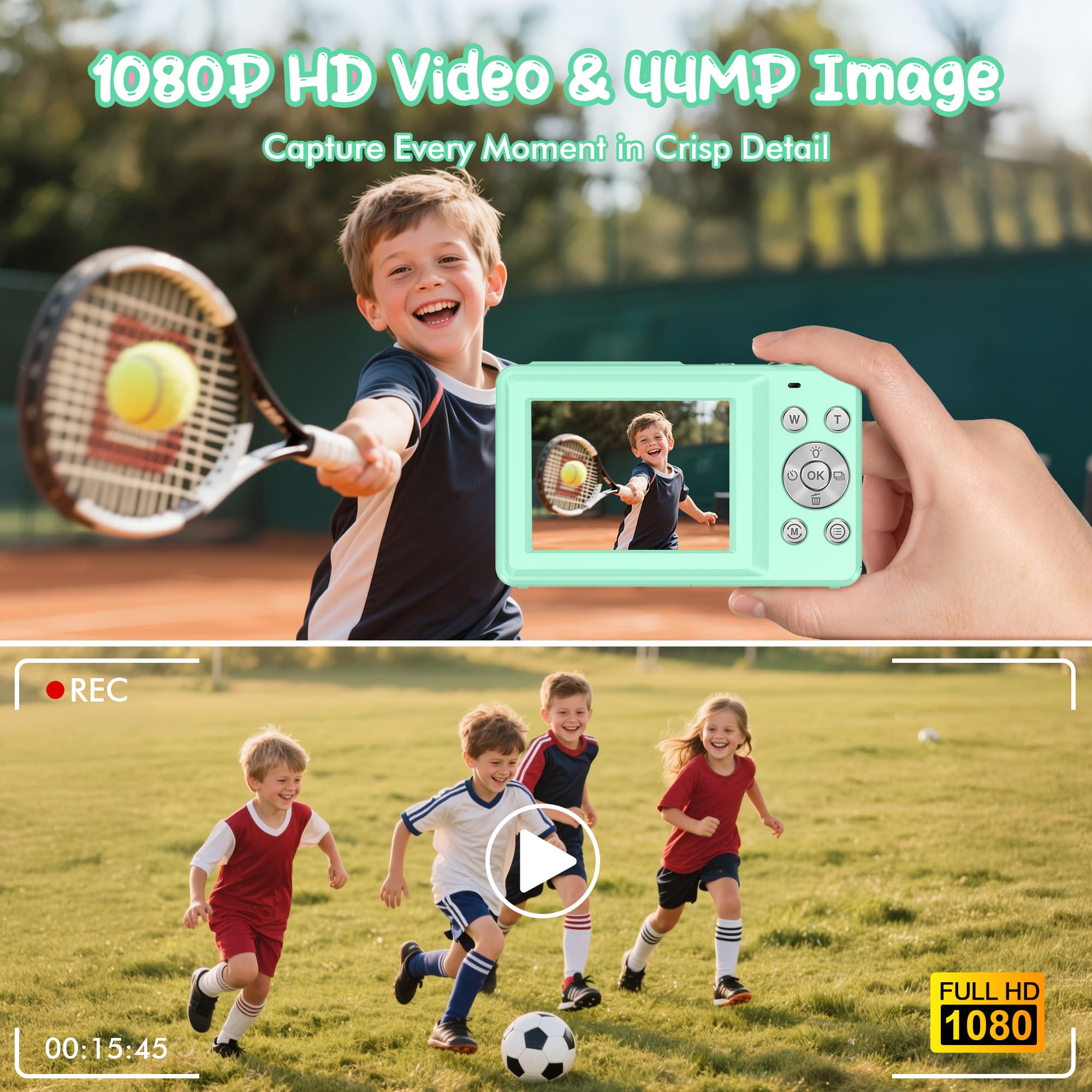 Digital Camera 1080P 44MP Vlogging Camera for Kids Boys FHD Compact Portable with 2.4 Inch Screen 16X Zoom, Mini Anti-Shake Camera for Beginners Students-Green - 2