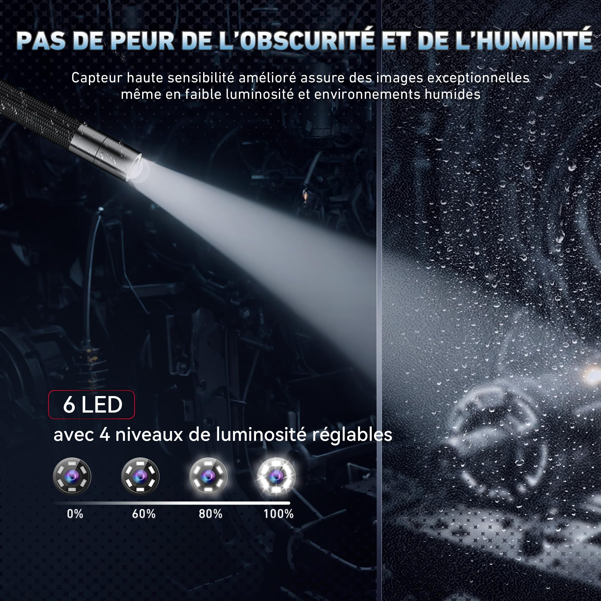 Ralcam Caméra Endoscopique avec Lumière, Endoscope 360°, Écran 5" HD, 1280×720, IP67, Caméra Inspection Canalisation Voiture (6,2 mm Sonde/ 1,5M Semi-Rigide)