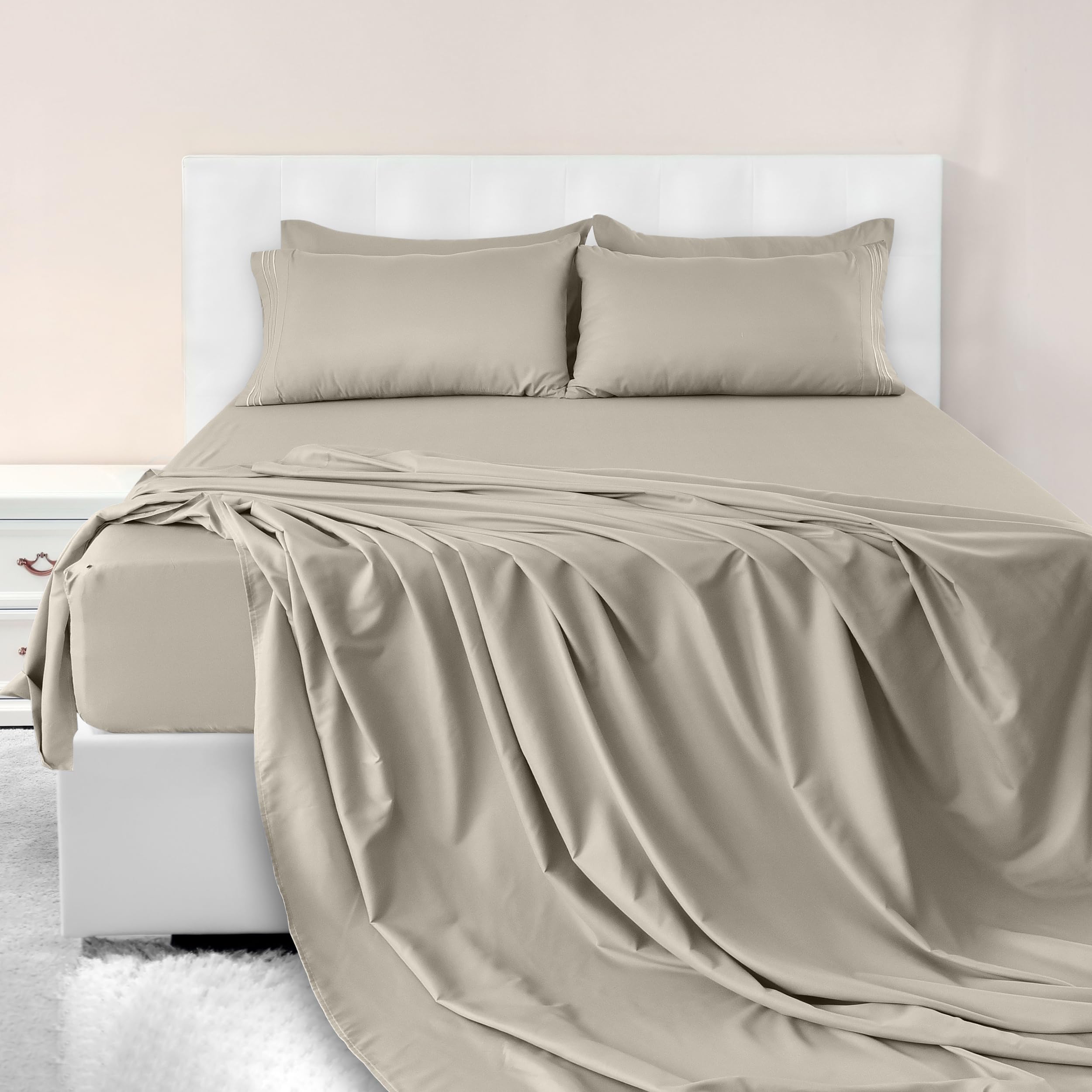 Lux Decor Collection Full Sheet Set - 6 PC Brushed Microfiber Bed Sheets 16 Inches Deep Pockets - Embroidered & Plain Pillowcases - Hotel ury Sheets Full Size Bed Set - Soft Bedding Sheets (Taupe)