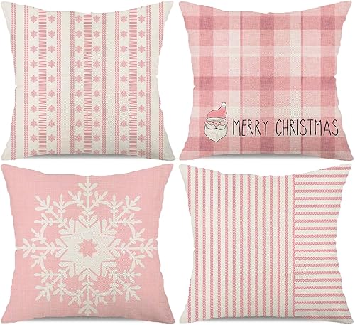Miniatura 1 de Juego de 4 fundas de almohada de 18 x 18 pulgadas con diseño de rayas rosas de búfalo de copo de nieve, Papá Noel, Feliz Navidad, invierno,