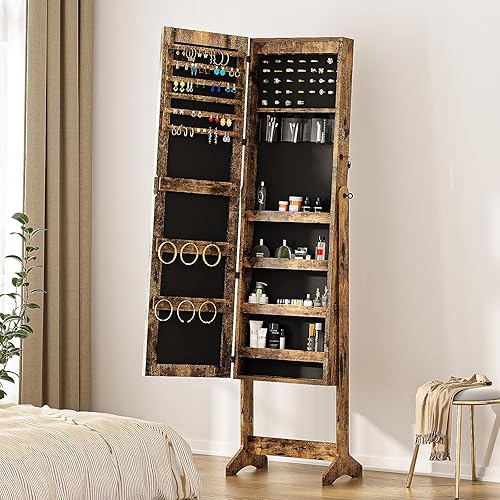 Miniatura 3 de soges Armario de joyería de pie independiente con espejo de longitud completa, organizador de joyas con cerradura, armario de espejo grande