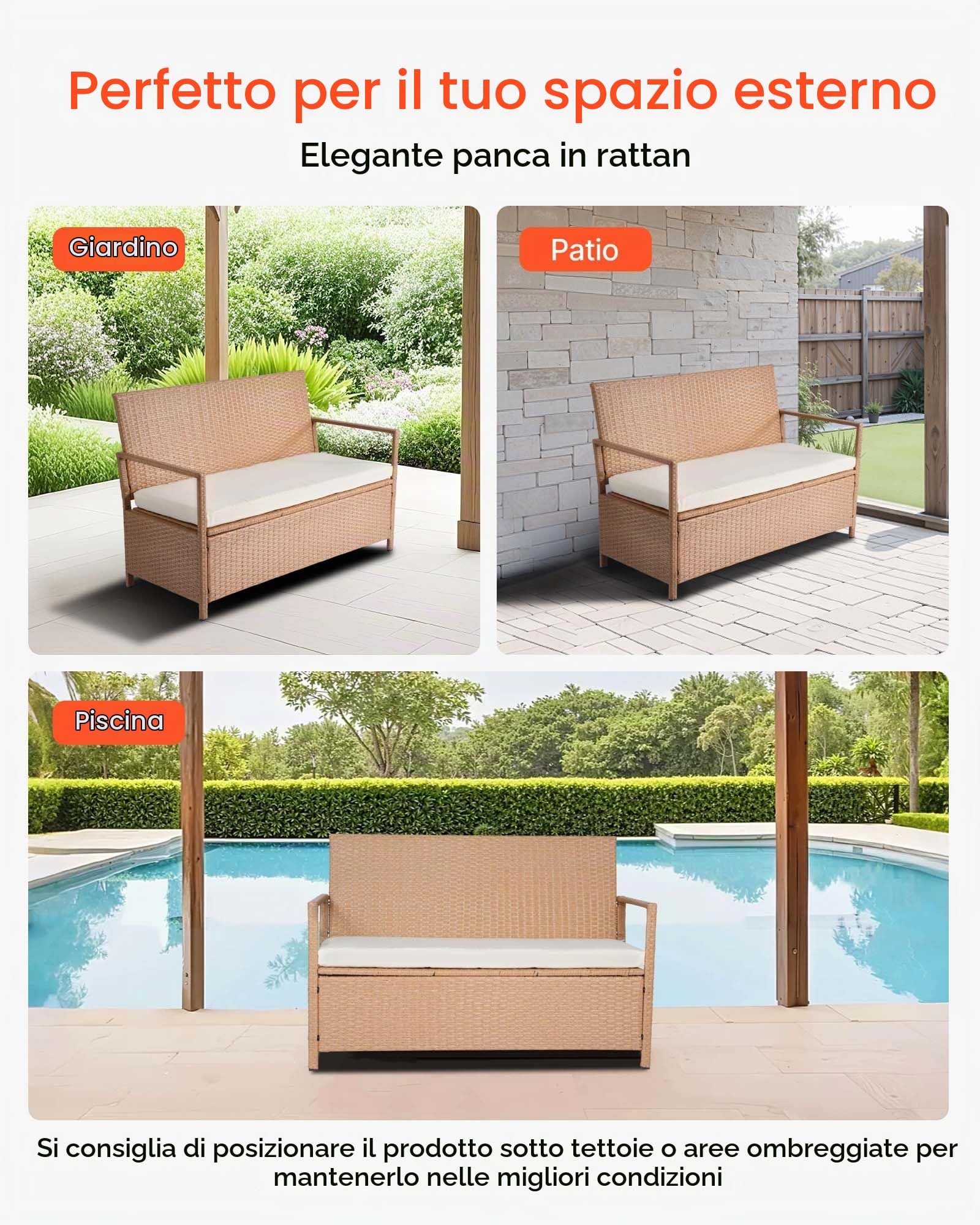 VEVOR Panca Portaoggetti da Esterno, Panca Portaoggetti in Rattan PE per 2 Persone, Contenitore con Cuscino Maniglia Laterale, Supporto max 120 kg, Seduta da Giardino Decorazione Esterna per Balcone