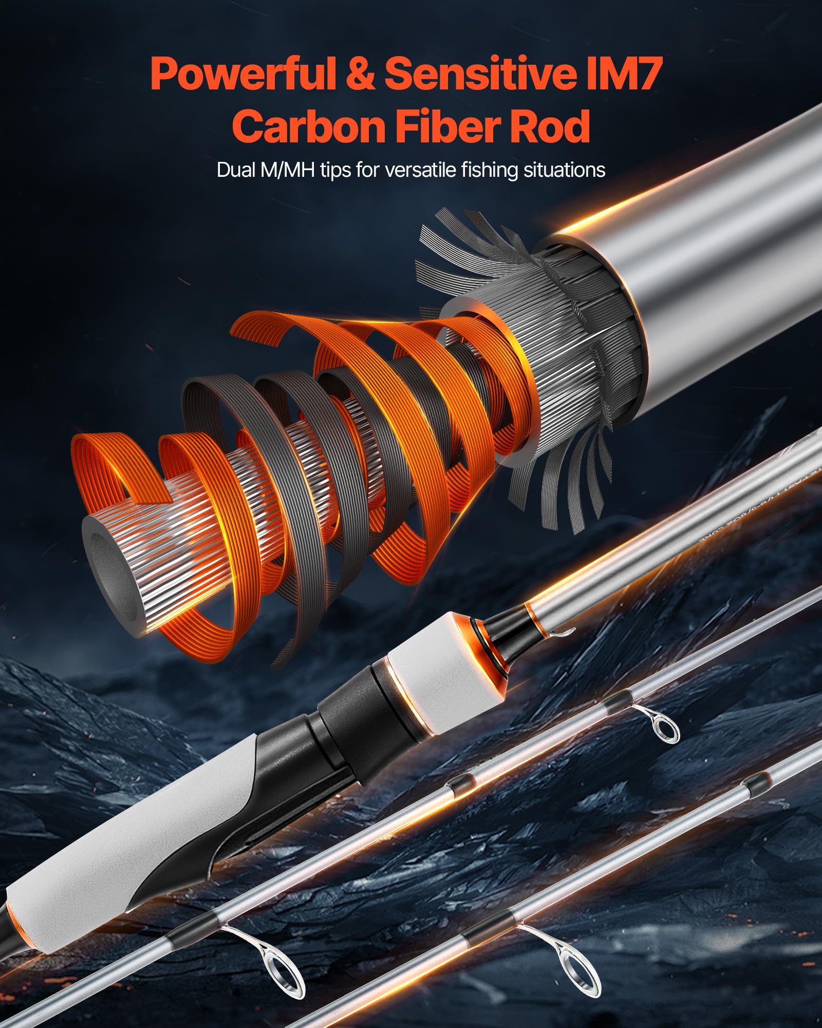 VEVOR Juego de 2 Cañas de 2,13 m y Carrete de Pesca, Caña de Fibra de Carbono IM7, con Rodamientos de Bolas 7+1 y Mango de EVA, para Pesca en Agua Salada y Dulce, 2115 x 380 x 140 mm, Media-Pesada