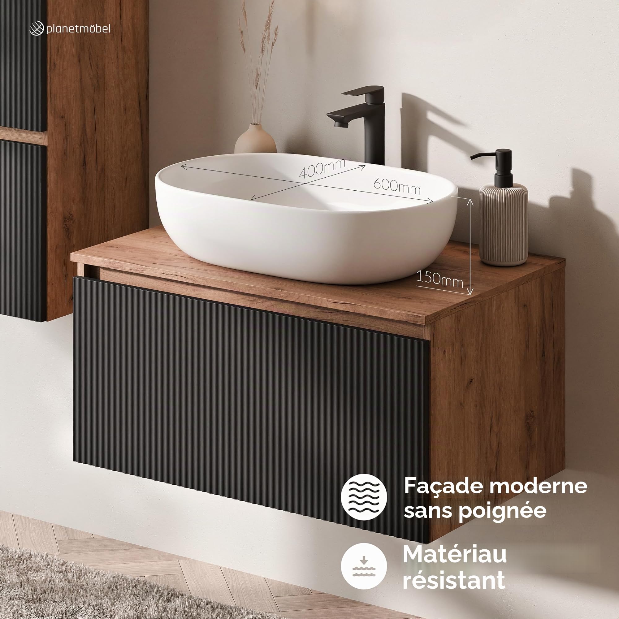 Planetmöbel Arisa Ensemble de meubles de salle de bain avec lavabo 80 cm chêne doré noir (strié), lavabo 60 cm blanc, avec siphon d'économie d'espace