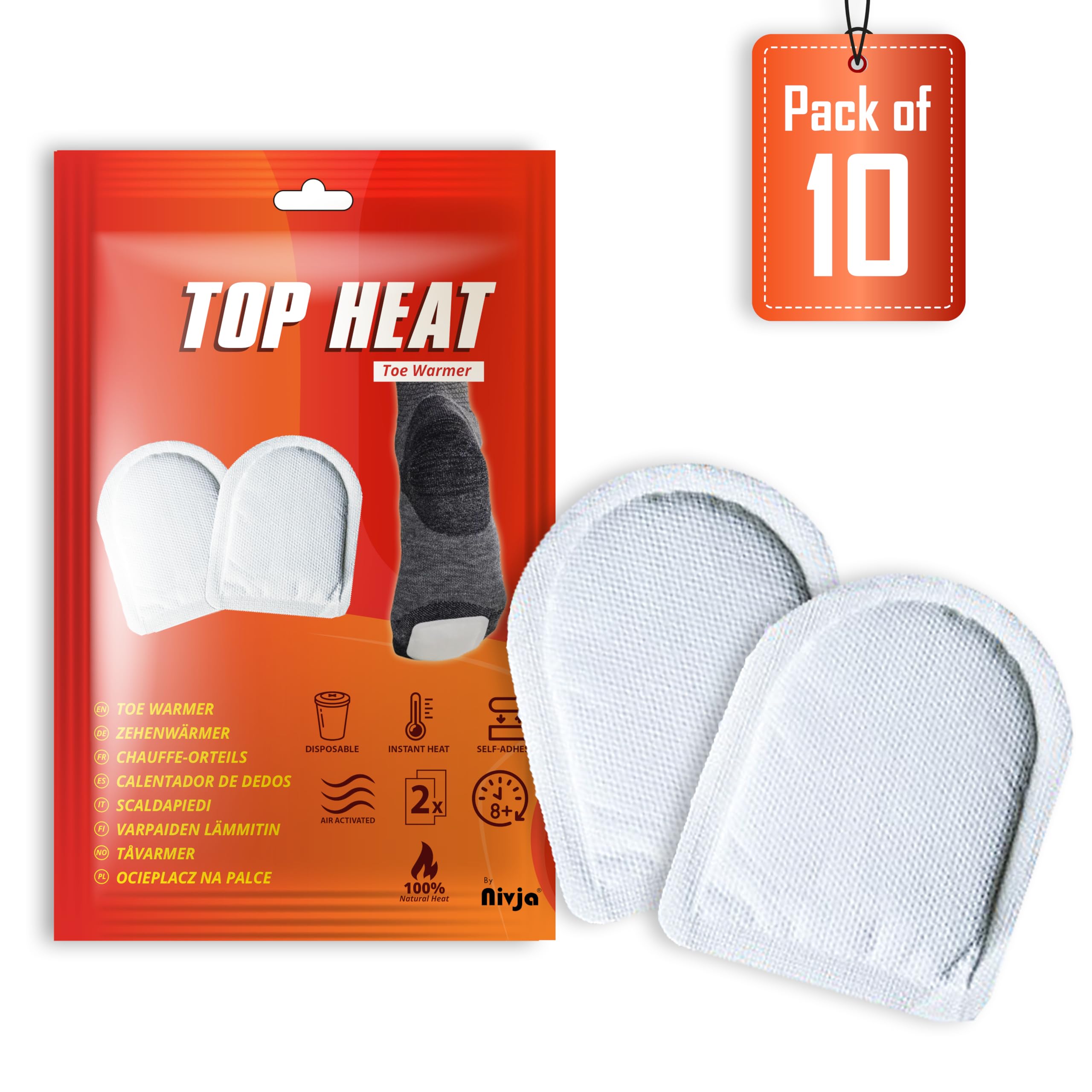 Top Heat Toe Foot Warmers – 10 Pairs - 8 Hours Warm Toes - Air Activated - Instant Heat - 100% Natural Heat - Feet Warmers for Women and Men