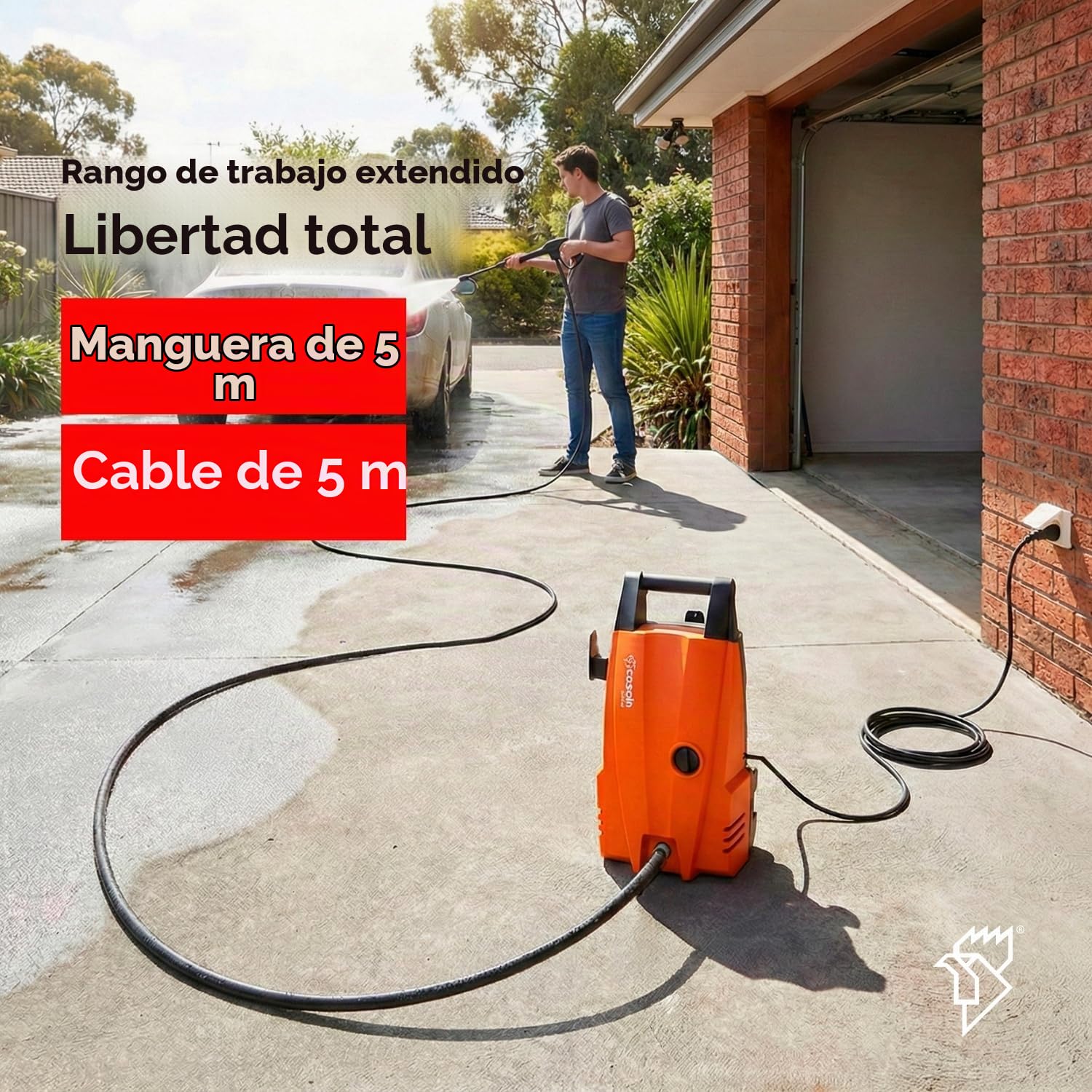 CASALS - Hidrolimpiadora de Alta presión 1400 W con caudal de 375 L/H y 105 Bares de presión | Deposito para detergente hidrolimpiadora | Pistola de Agua a presión Ideal para Suelo terraza Exterior