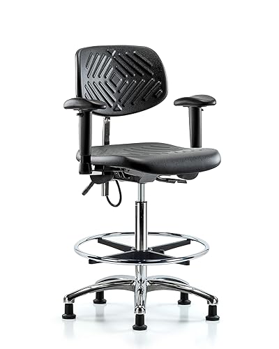 LabTech Seat LT41133 ESD - Silla de banco alto (poliuretano, base cromada, inclinación, brazos, anilla de pie cromada, deslizamientos ESD), Negro