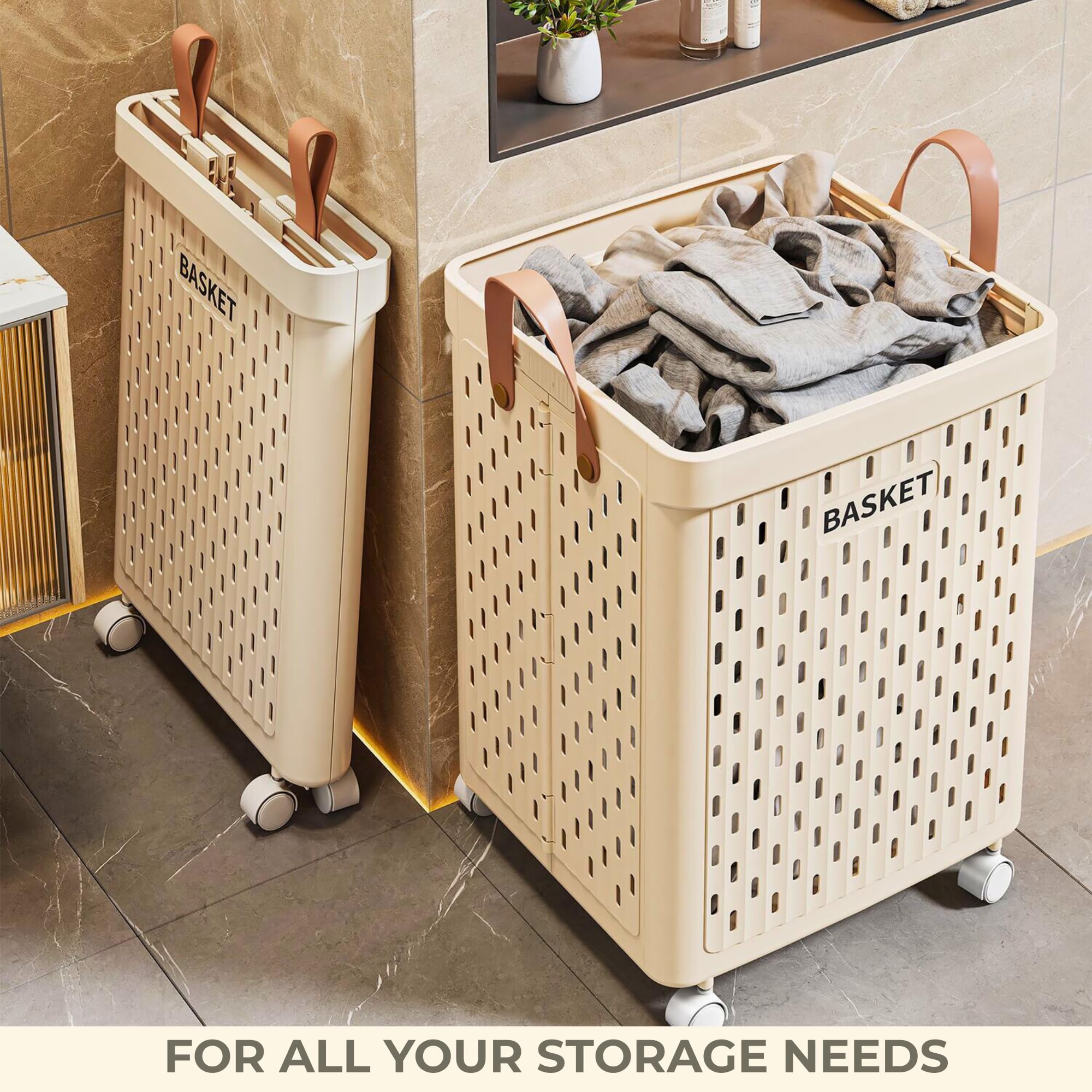 Cesto Porta Biancheria Pieghevole con Ruote, Grande Cesto per Bucato con Maniglie, Ideale per Bagno, Camera e Lavanderia. (50×32×23 cm)