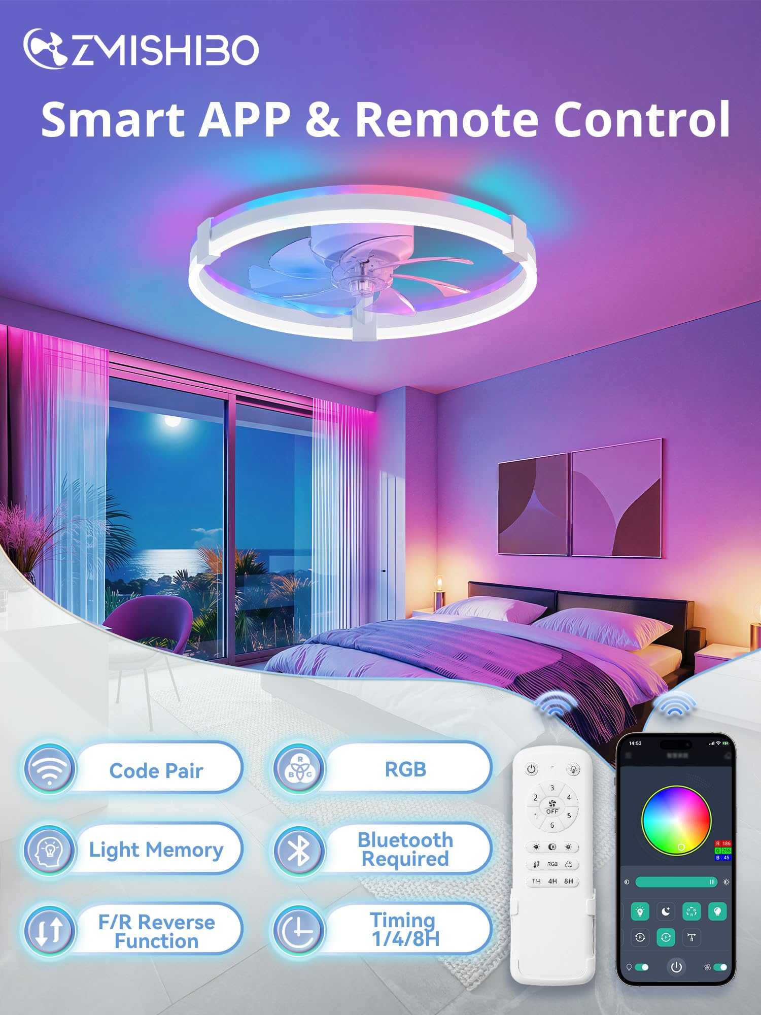 ZMISHIBO 51 cm RGB-Deckenventilator mit Licht,Fernbedienung & APP-Steuerung,6 Geschwindigkeiten, Vorwärts- & Rücklauf,15%-100% dimmbar,3CCT,obere und untere Lichtkreise separat steuerbar, 1/4/8H Timer