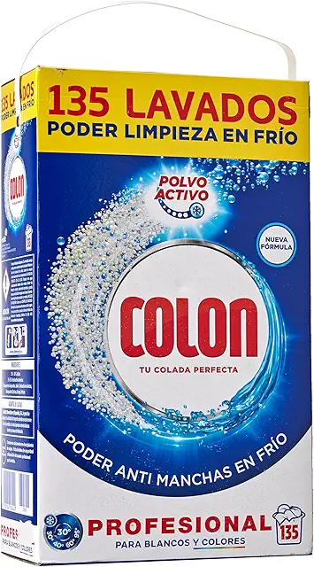 Colon Polvo Activo - Detergente en Polvo para Lavadora, Ropa Blanca y de Color - 135 Dosis