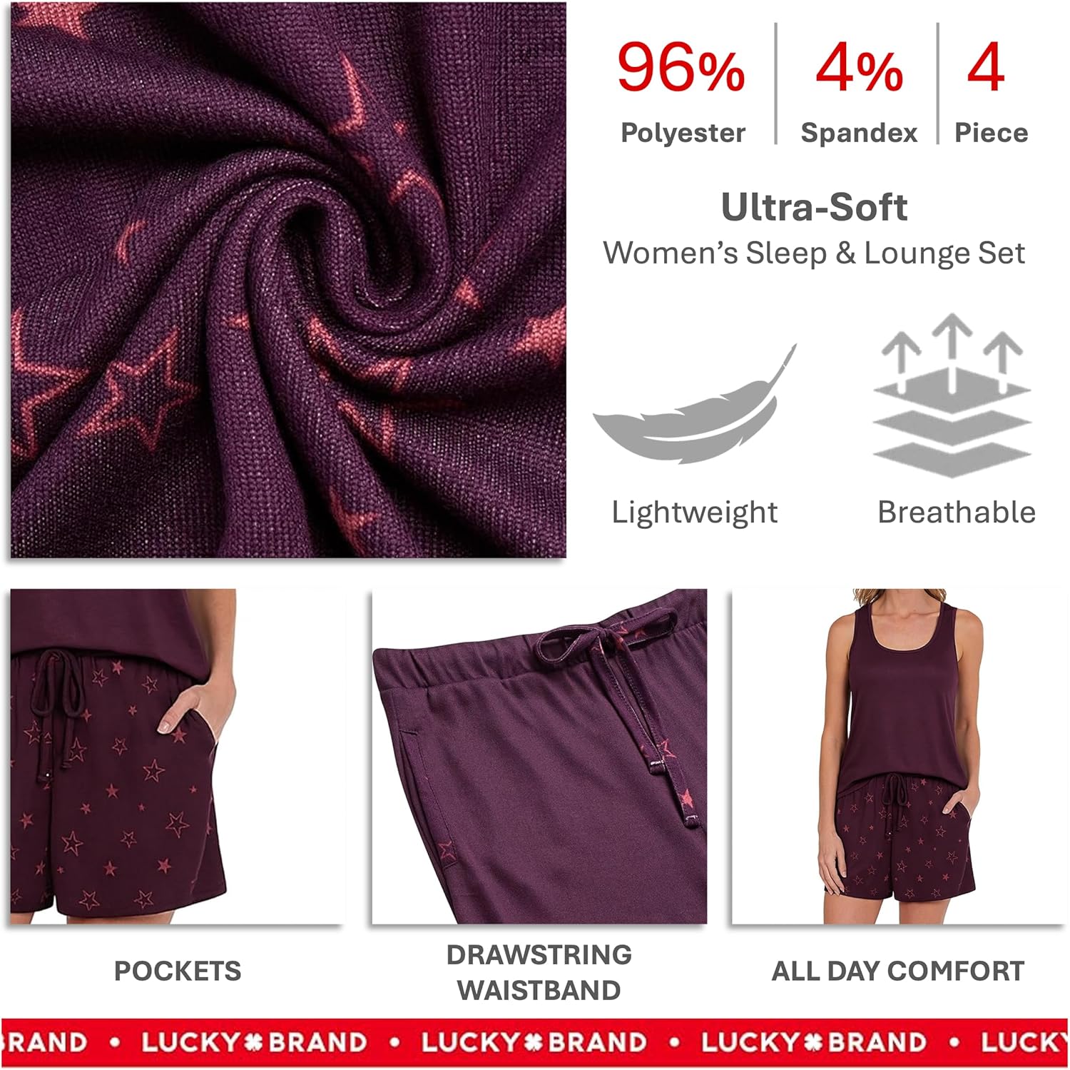 Lucky Brand Women's Pajama Set - 4 Piece Sleep Shirt, Tank Top, Pajama Pants, Lounge Shorts (S-XL) - Image 3