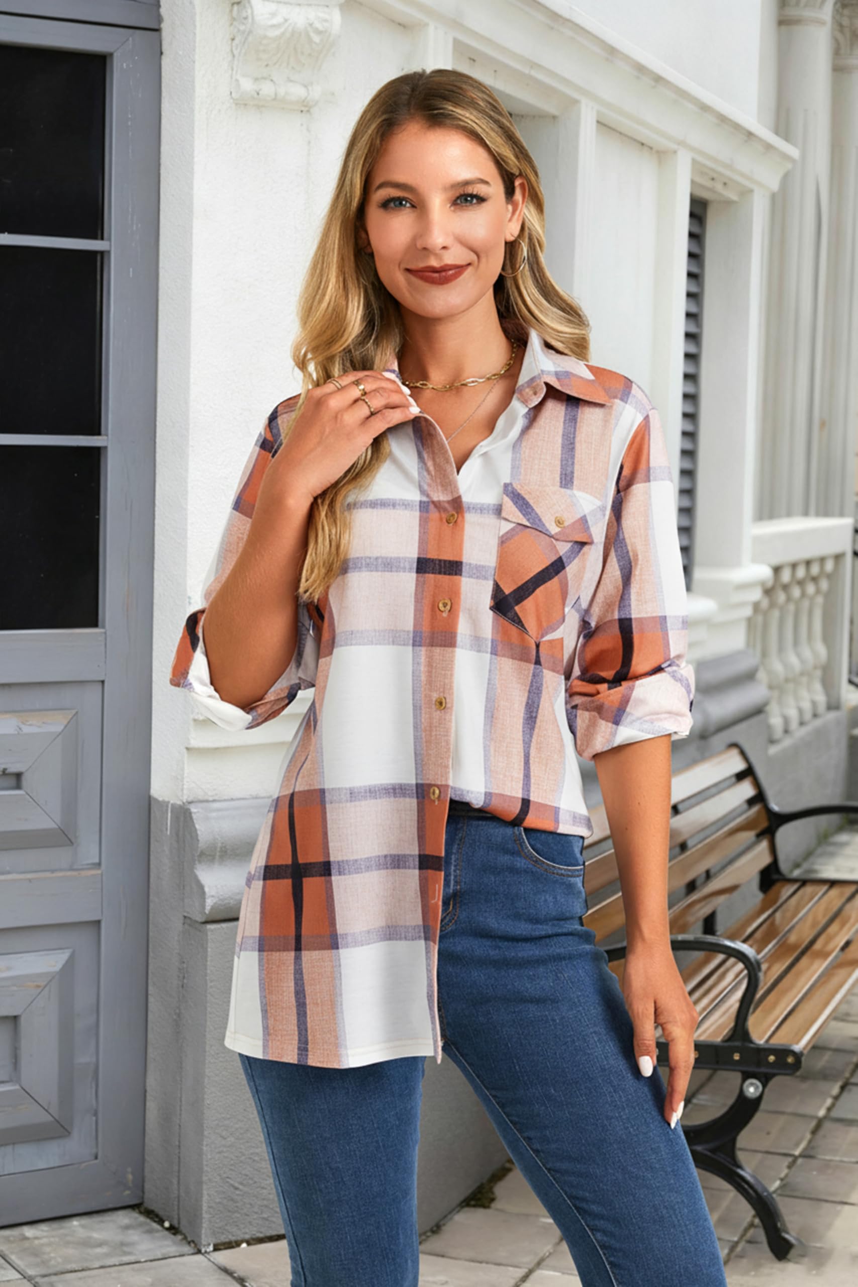 Enmain Camisa a Cuadros Mujer Manga Larga Camisa Elástica Botones Blusas de Cuadros con Bolsillos