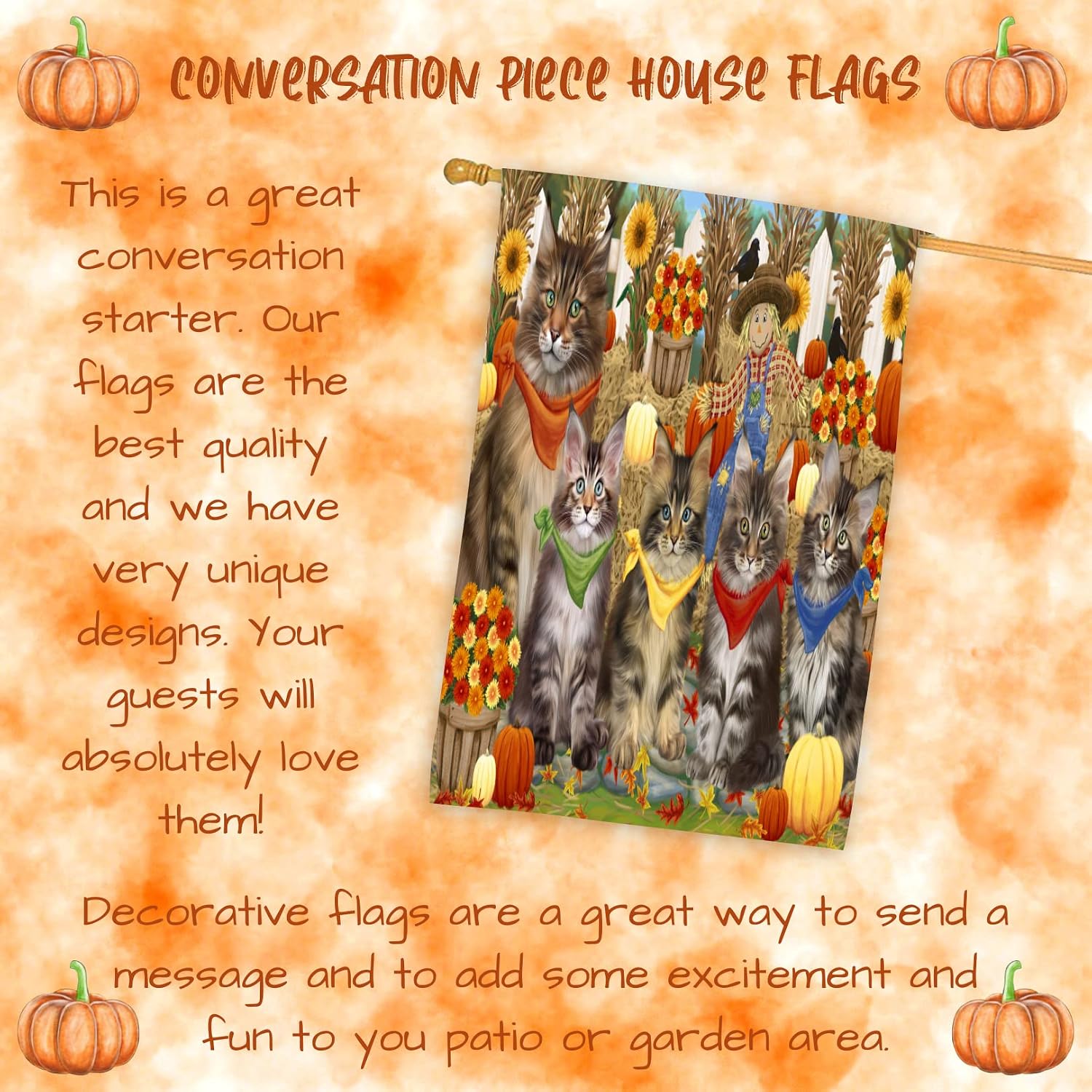 Fall Festival Maine Coon House Flag 28x40 Double Sided | 1 Cat Mom with 4 Kittens Sitting Among Scarecrow Pumpkins Black Crows Fall Flowers | Cat Owner Gifts | Autumn Hanging Porch Flag