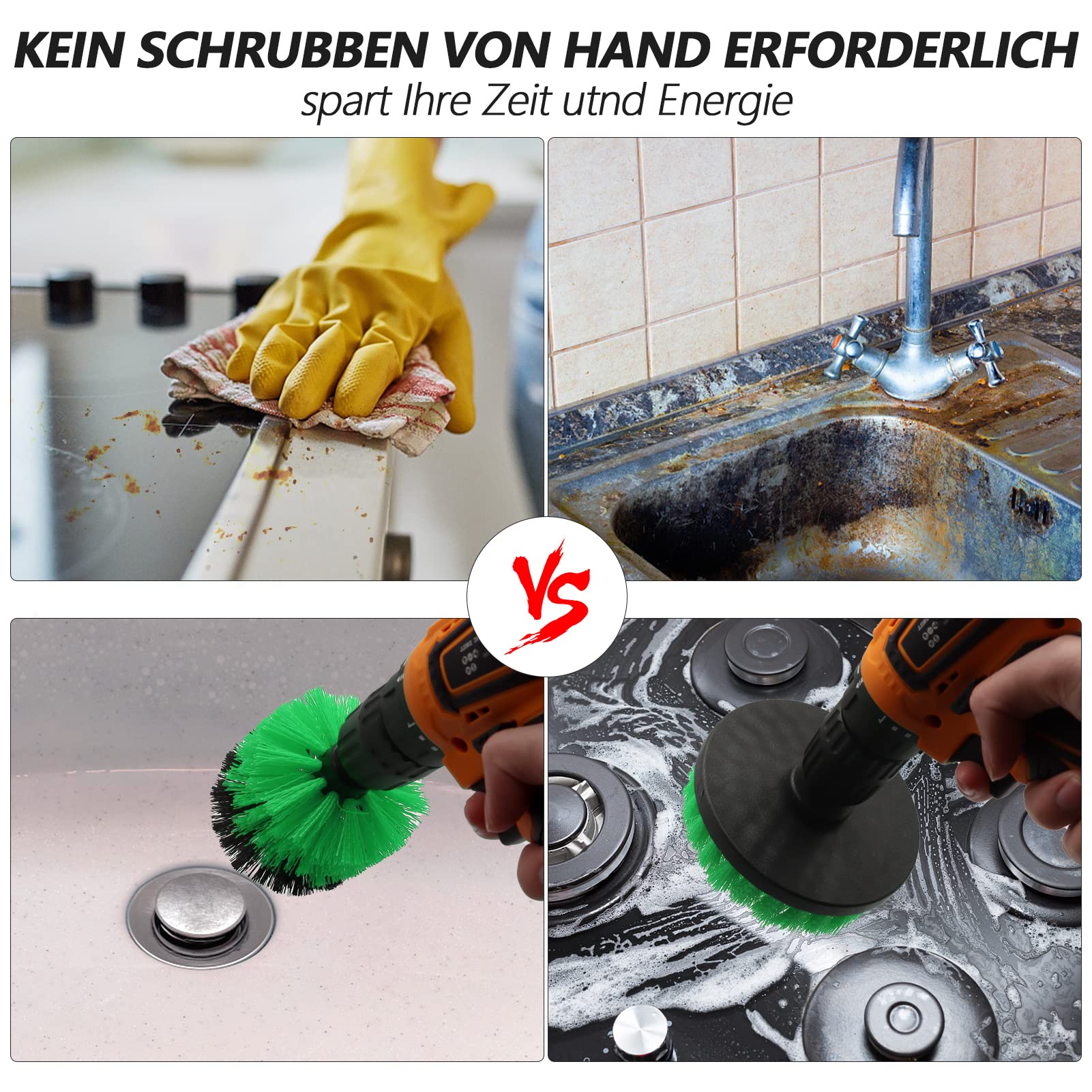 VIBRATITE Set di 20 spazzole per trapano a batteria, spazzola per la pulizia dei cerchioni, kit per la pulizia dei cerchioni, Power Scrubber per bagno, cerchioni e tappezzeria, verde