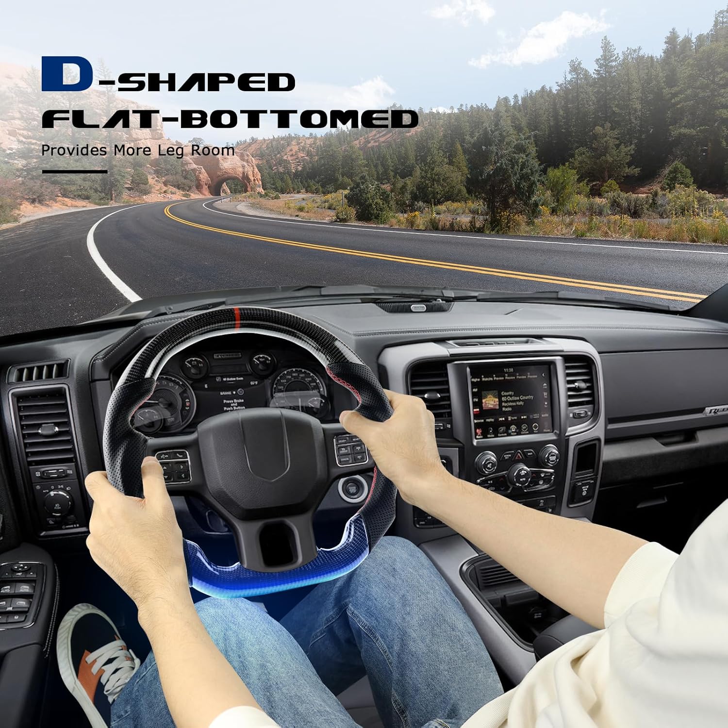 Real Carbon Fiber Steering Wheel With stitching D-shaped Nappa Perforated Leather Flat-bottom Steering Wheel For Dodge RAM 1500 2012-2017 Without paddle holes