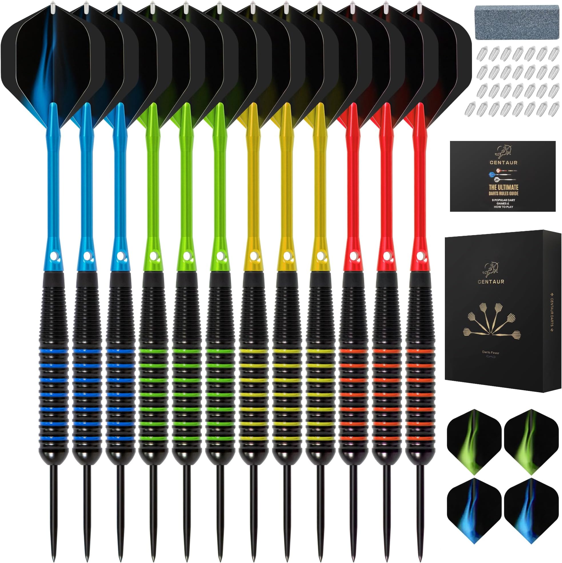 centaur 12 Pack Steel Tip Darts, Professional 22 Grams Metal Dart Set with Frosted PVC Shafts and 5 Style PET Flights and Dart Case, Silver & Black