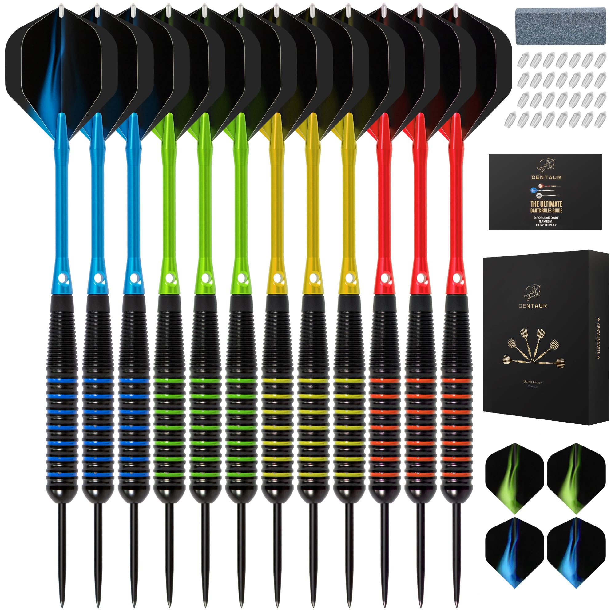 centaur 12 Pack Steel Tip Darts, Professional 22 Grams Metal Dart Set with Frosted PVC Shafts and 5 Style PET Flights and Dart Case, Silver & Black