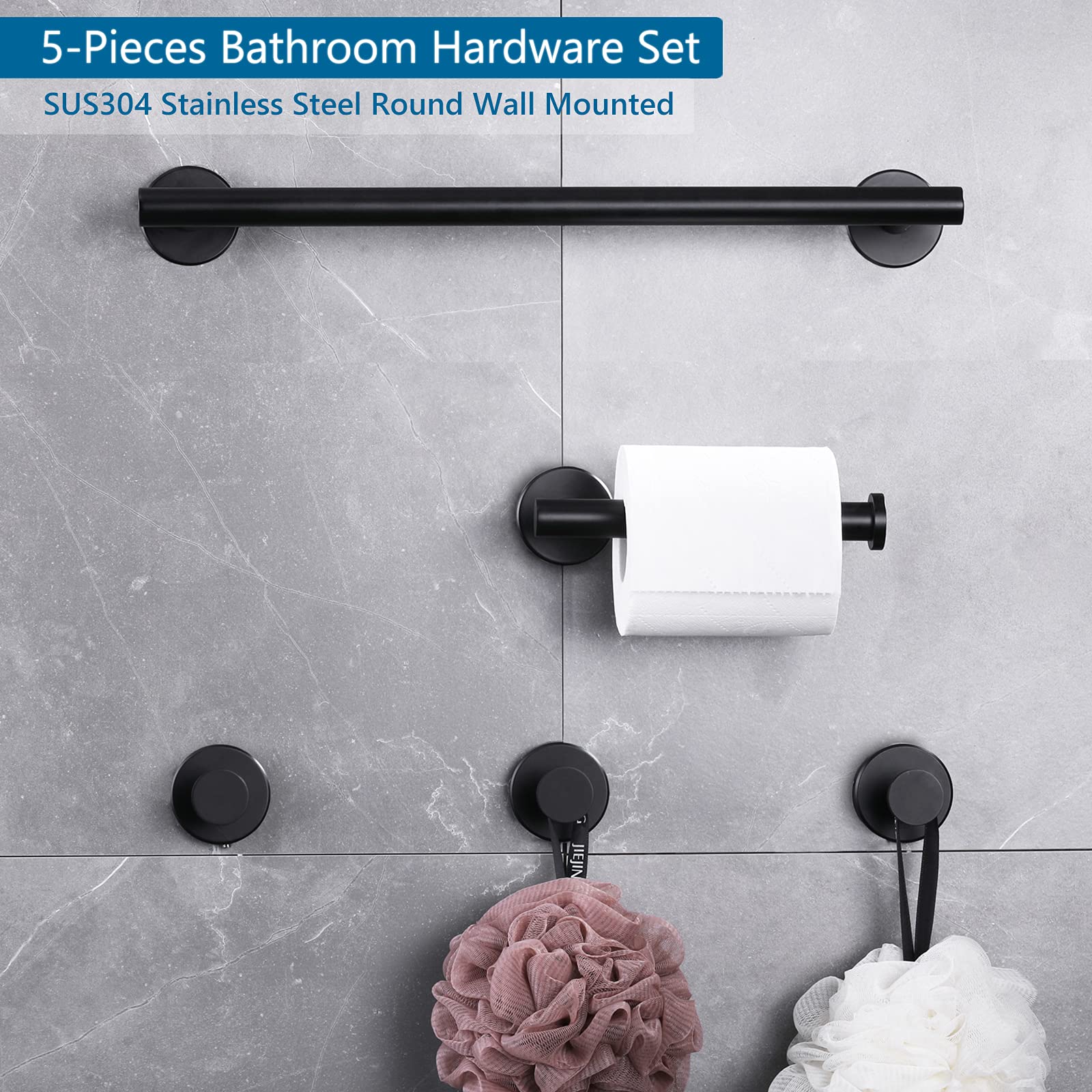 CANRAY Bathroom Hardware Set Wall Mounted | Towel Bar Holder Set for Bathroom | Bath Accessories Set | Matte Black | Stainless Steel, 5 - PCS