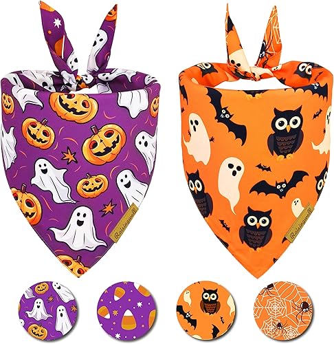 Miniatura 8 de Bandanas de Halloween para perro, paquete de 2 baberos con patrón de murciélago y calabaza, reversibles, lavables, duraderas, para otoño, adecuados