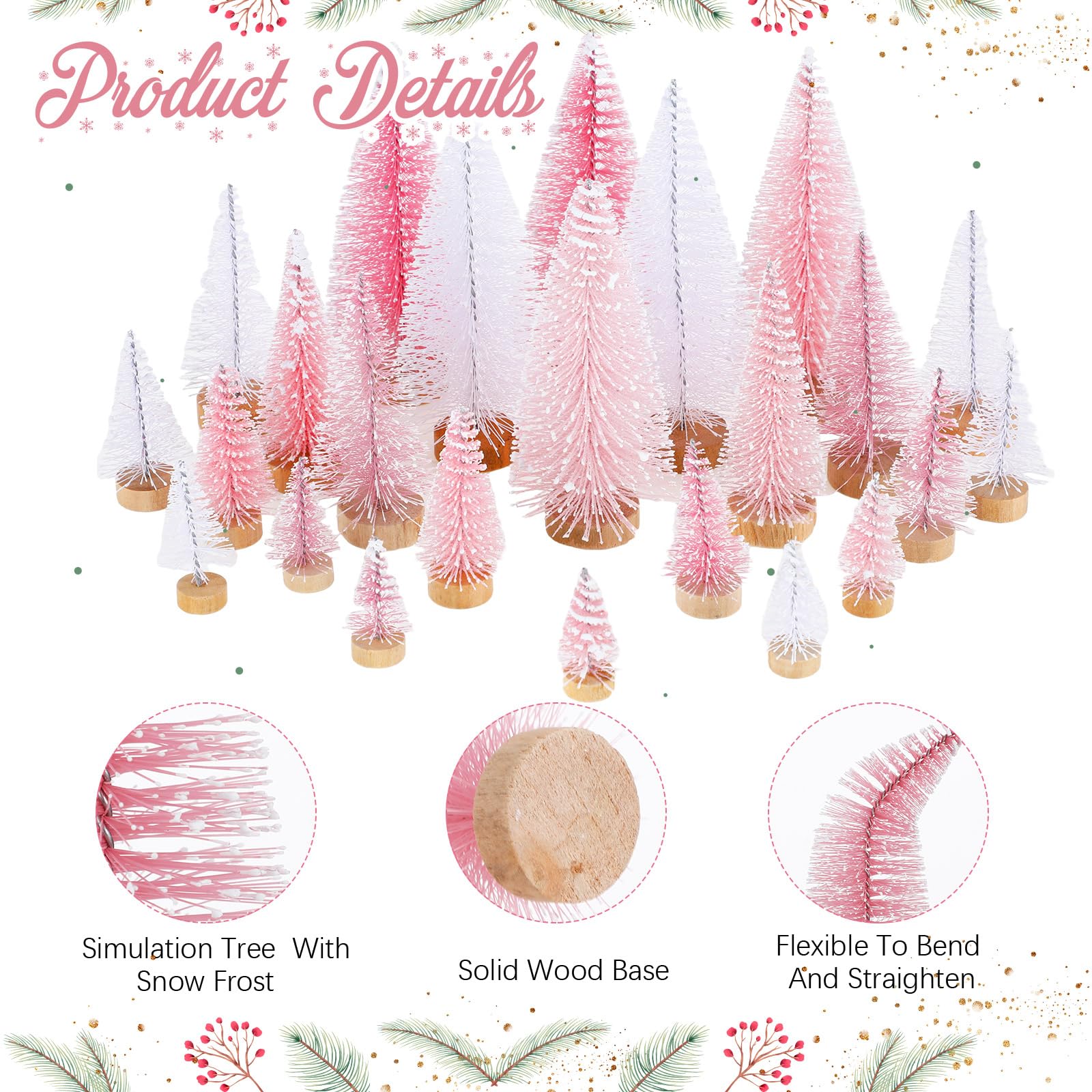 Leyndo 24 mini árbol de Navidad artificial rosa y blanco con base de madera, decoración de Navidad para mesa de Navidad, adornos de invierno, hogar, cocina, manualidades, 24 unidades