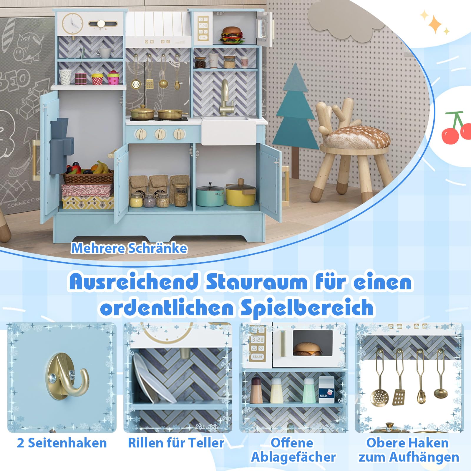 COSTWAY Kinderküche mit Zubehör, Spielküche Holz mit Herd, Wasserhahn, Spüle, Mikrowelle & Kaffeemaschine, Spielzeugküche Holz für Kinder ab 3 Jahren
