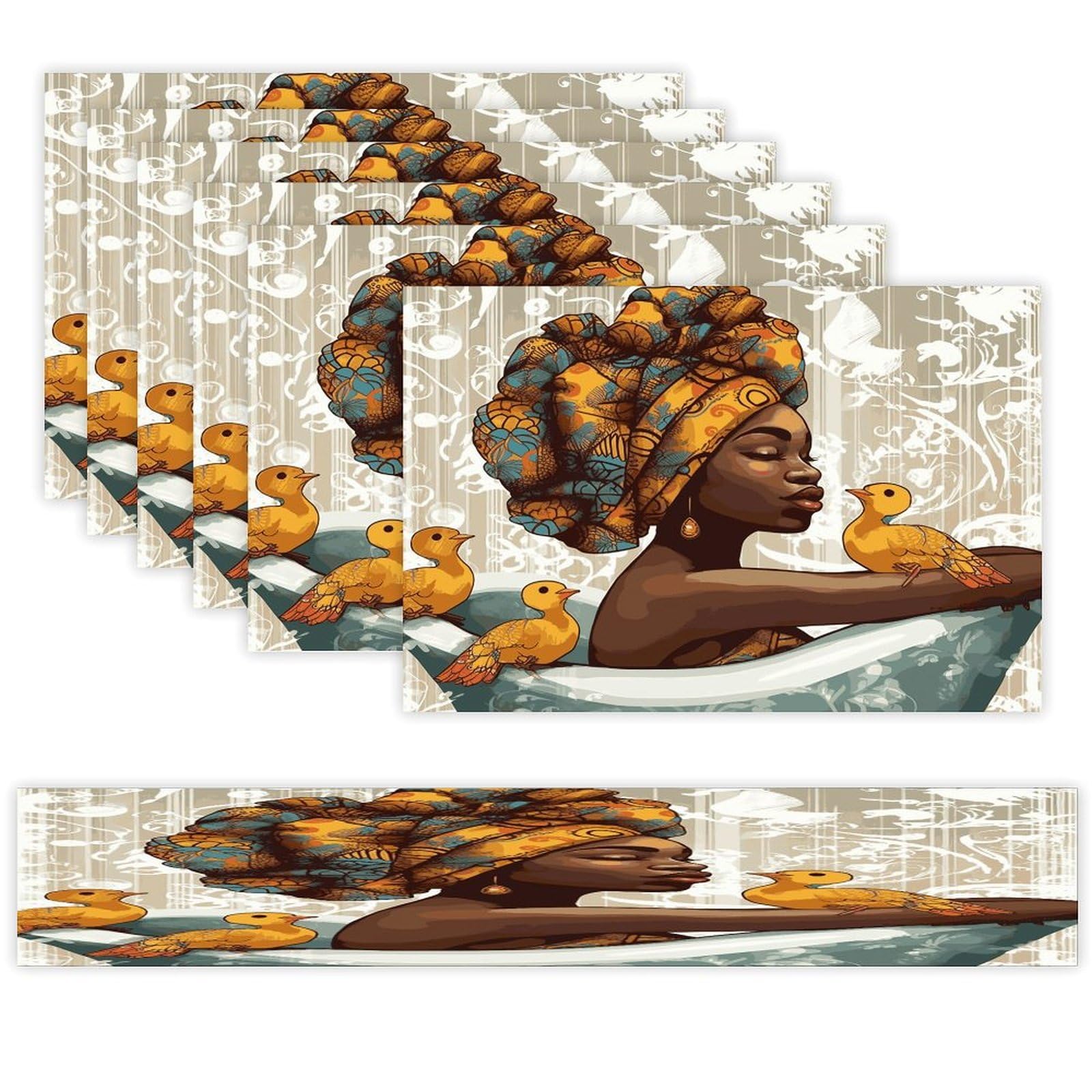African Women Table Runner and Placemats Set of 6 for Kitchen Washable Table Mats Heat Resistant Place Mats Non-Slip Place Mat Wipeable Placemat(6 Placemats+1 Table Runner)