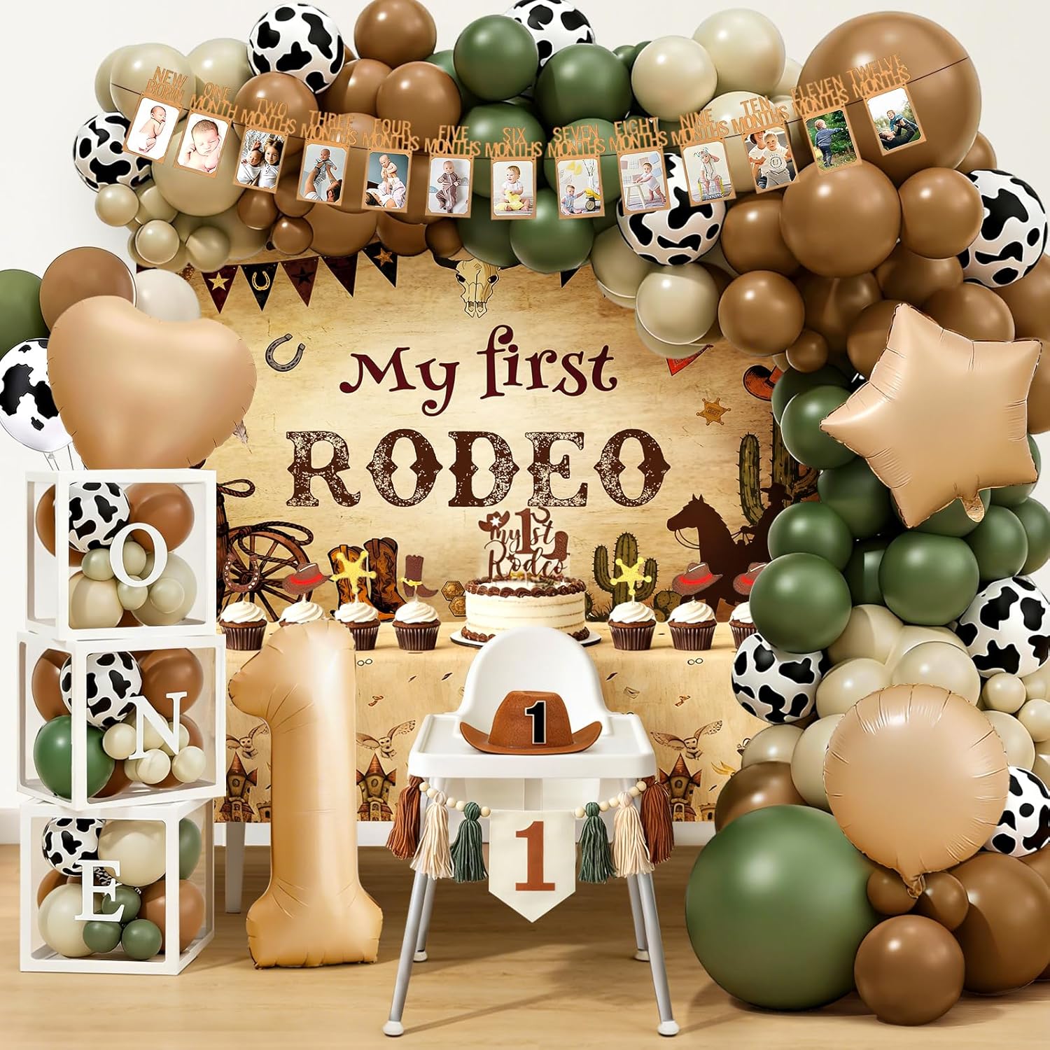 Deluxe Western Cowboy 1st Birthday Decorations, My First Rodeo Birthday Decorations,Cowboy Balloon Arch Set, 3 Boxes, Western Backdrop, Photo Banner, High Chair Banner, Tablecloth, Cake Topper