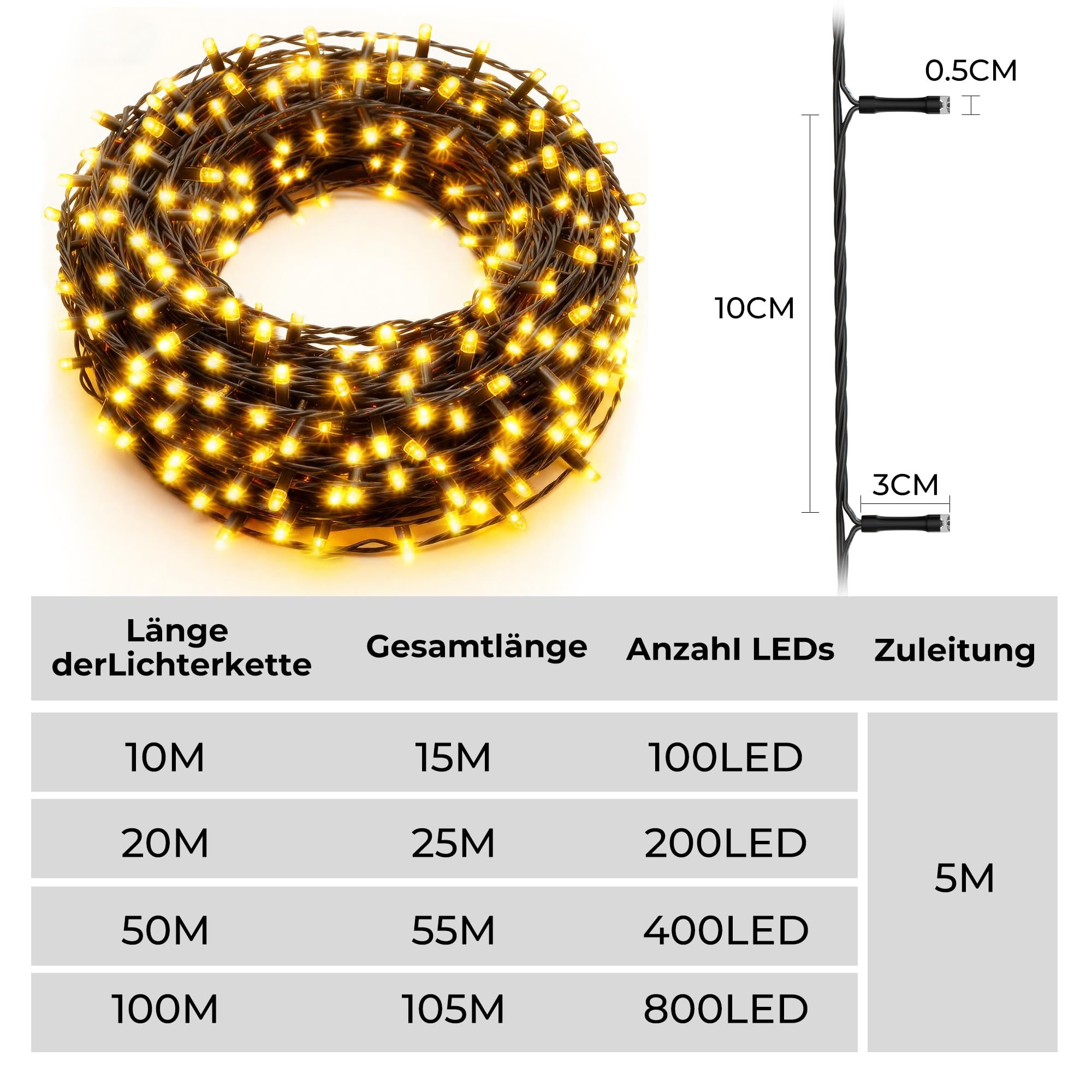 Lichterkette Außen 100m 800 LED mit 8 Modi, Timer und Speicherfunktion – Für Lichterkette Weihnachtsbaum, Lichterkette Innen, Weihnachten, Garten, Balkon und Party (Warmweiß)