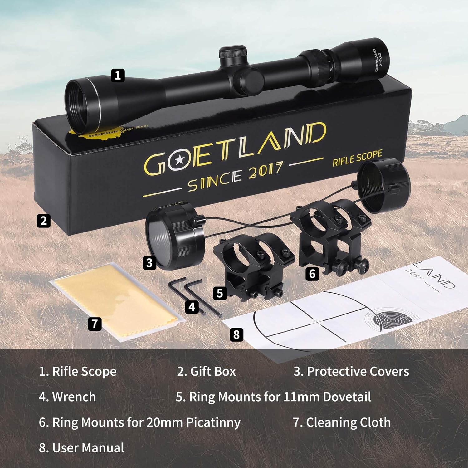 Goetland Rifle Scope 3-9x40 SFP Crosshair R4 Reticle with Ring Mounts for Air Gun Airsoft Hunting Tactical